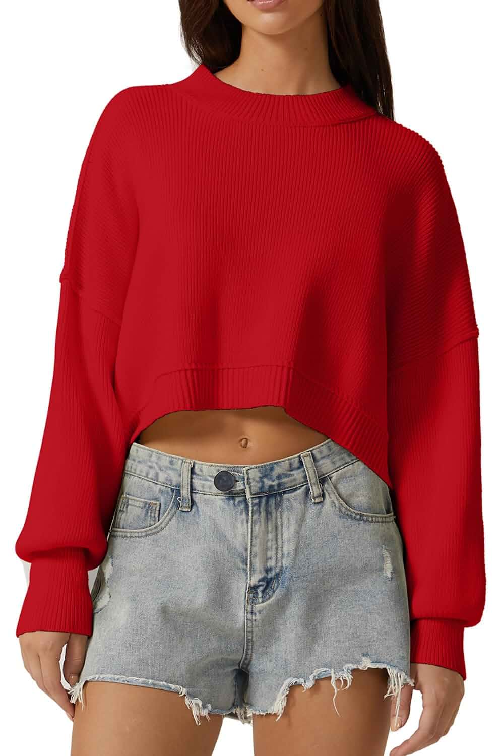 QINSEN Women's Mock Neck Cropped Sweater Long Sleeve Drop Shouler Oversized Knit Pullover Tops Oversized
