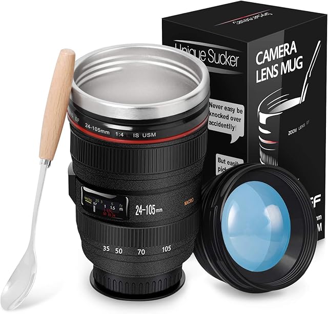 Splend Camera Lens Coffee Cup & Travel Mug, Double Wall Insulation Reusable Coffee Mugs, Food Grade Stainless Steel Coffee Mug Drink Flask Water Bottle Camera Lens Cup, 320 Milliliter Balck