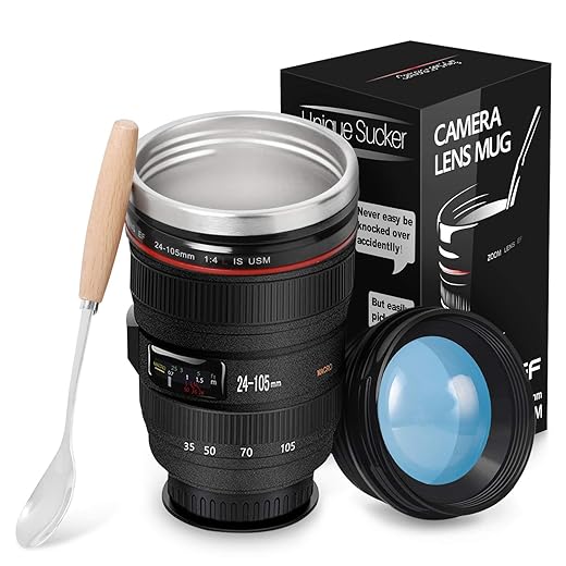 Splend Kaffeebecher, Kamera-objektiv-Kaffeetassen mit Deckel und Kaffeelöffel, Reisebecher Objektiv Tasse Edelstahl Becher Mit Magischem Sauger, Kameratasse für Fotografen (Schwarz 320ml)