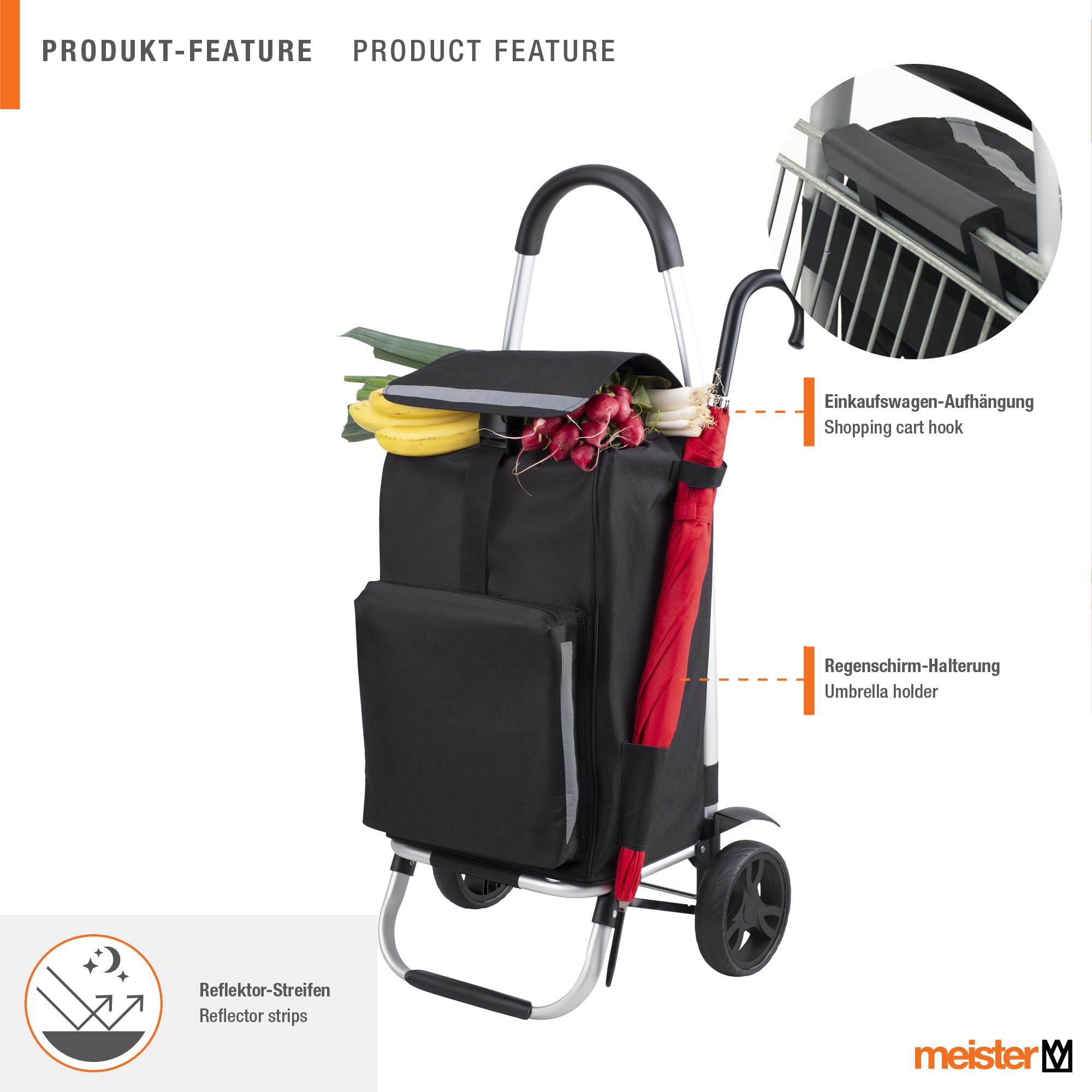 Chariot de Courses Meister 56 Litres Roues Larges Compartiment Réfrigérant Sac Amovible Pliable