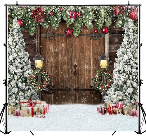 Miniatura 3 de Lofaris Telón de fondo de Navidad para invierno, telón de fondo rústico para puerta de madera de granero, árbol de Navidad, campanilla de regalo de