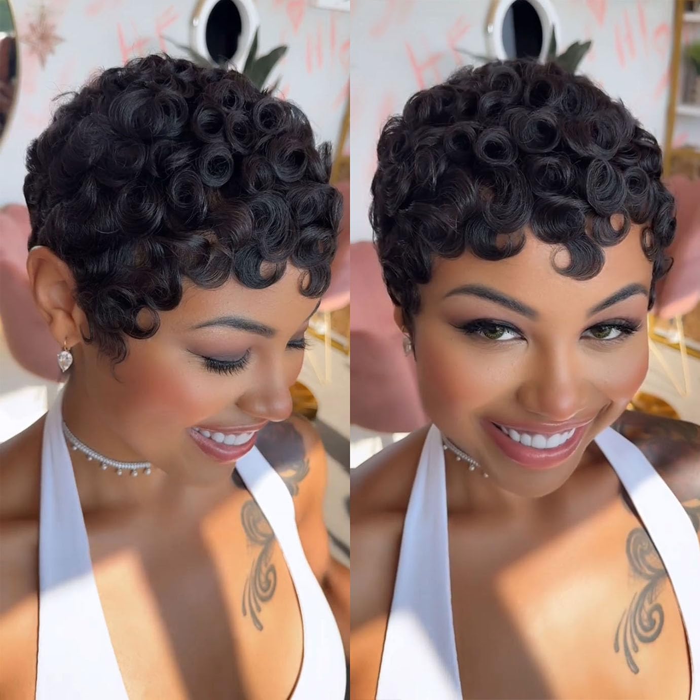 Short Curly Pixie Cut Wig Human Hair Lightweight Glueless Finger Wave Style Amazon.com : Short Curly Pixie Cut Wigs for Black Women 100  main image 3