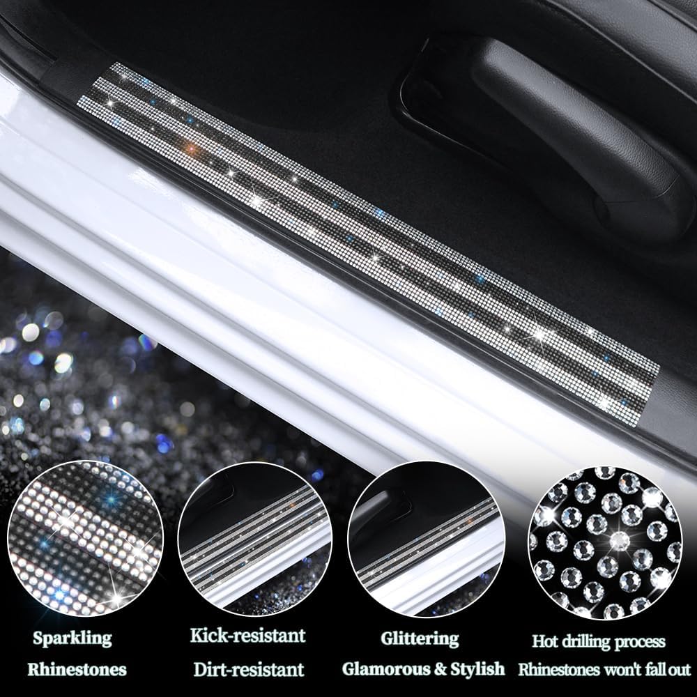 Luster Crystal Car Door Sill Plate Protectors, Bling Diamond Door Entry Guards Sill Scuff Cover Panel Step Protector Sticker with Sparkling Rhinestones Universal White & Black 2 Pcs