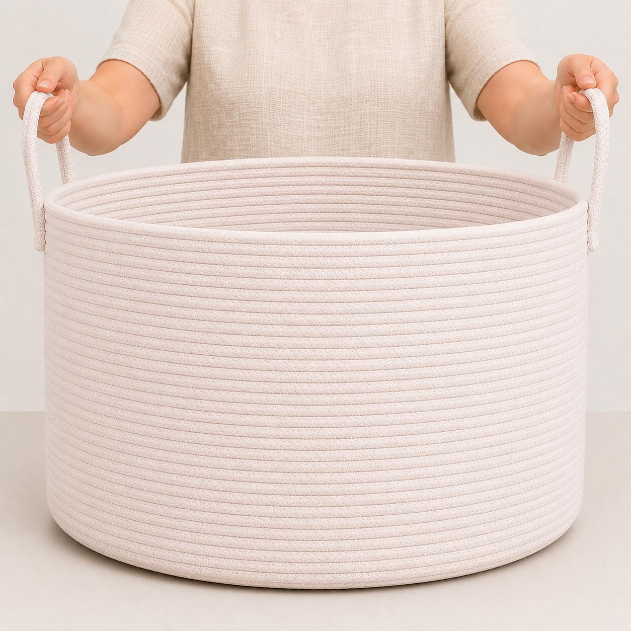 Organihaus Extra Large Rope Toy Basket for Kids Storage, 67L Woven Rope Laundry Bin for Blankets, Dog toys, Clothes - Bedroom, Bathroom and Living Room Hamper, 50x30cm, Off-White