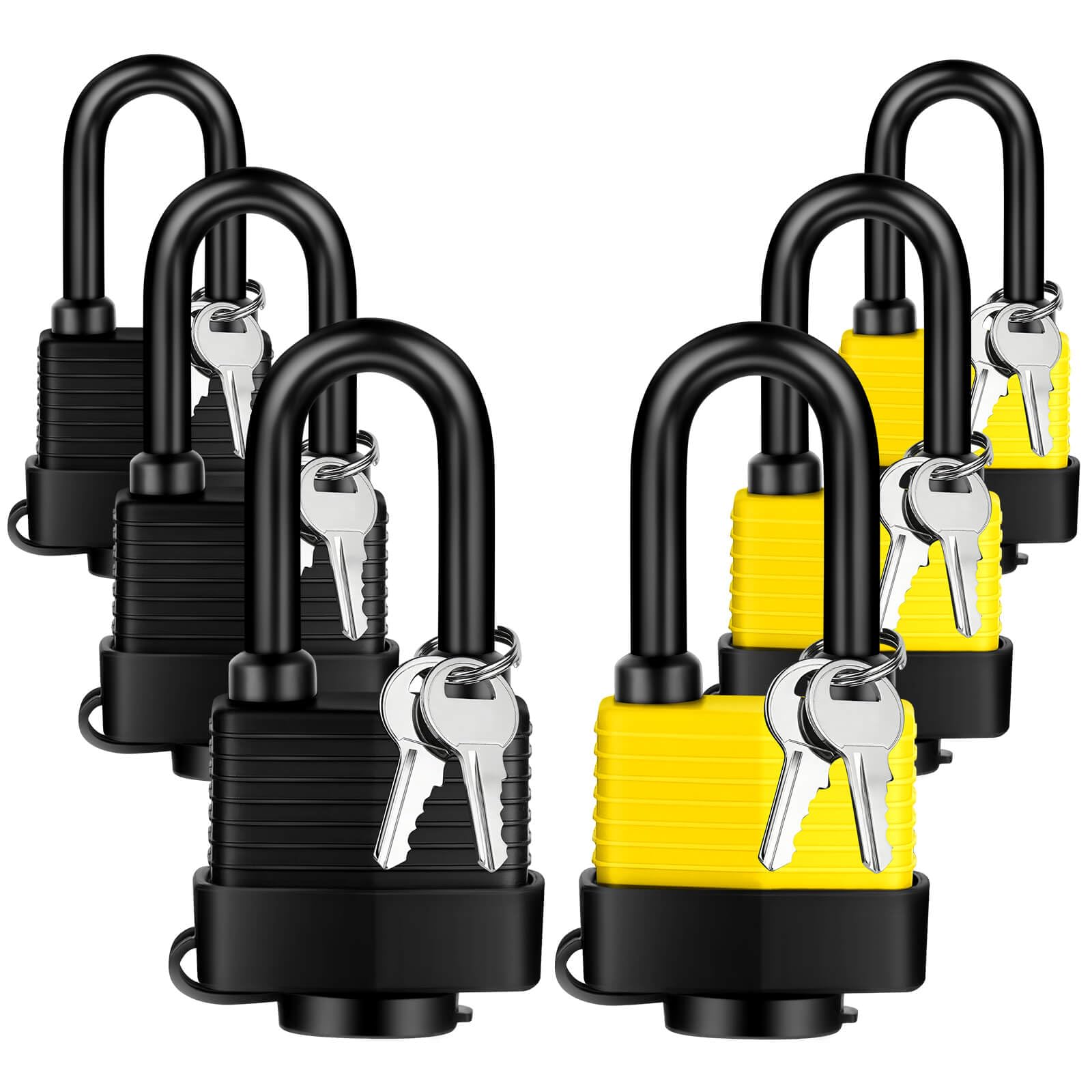 YIMSGO Weatherproof Outdoor Padlock Keyed Alike, Plastic Covered Heavy Duty Laminated Steel, Squire Yale Weather Waterproof Pad Lock with Same Key for Shed Warehouse Gate Truck (3 Yellow/3 Black)