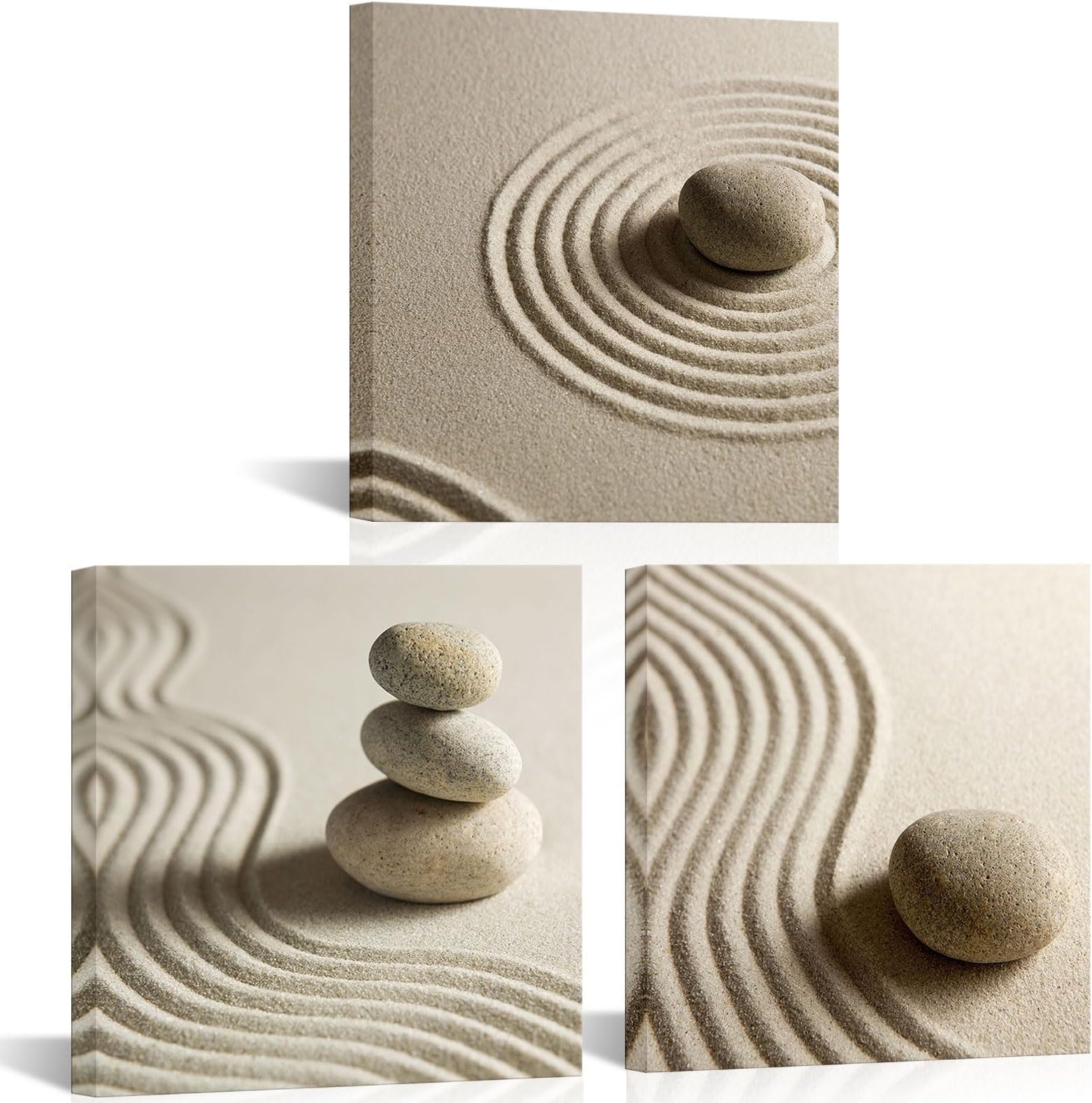 Artsbay 3 Piece Canvas Wall Art Zen Stone and Sand Giclee Print Artwork Calm Peaceful Still Life Picture Painting Modern Spa Room Wall Poster Decor Framed for Home Office Bedroom Bathroom Decoration