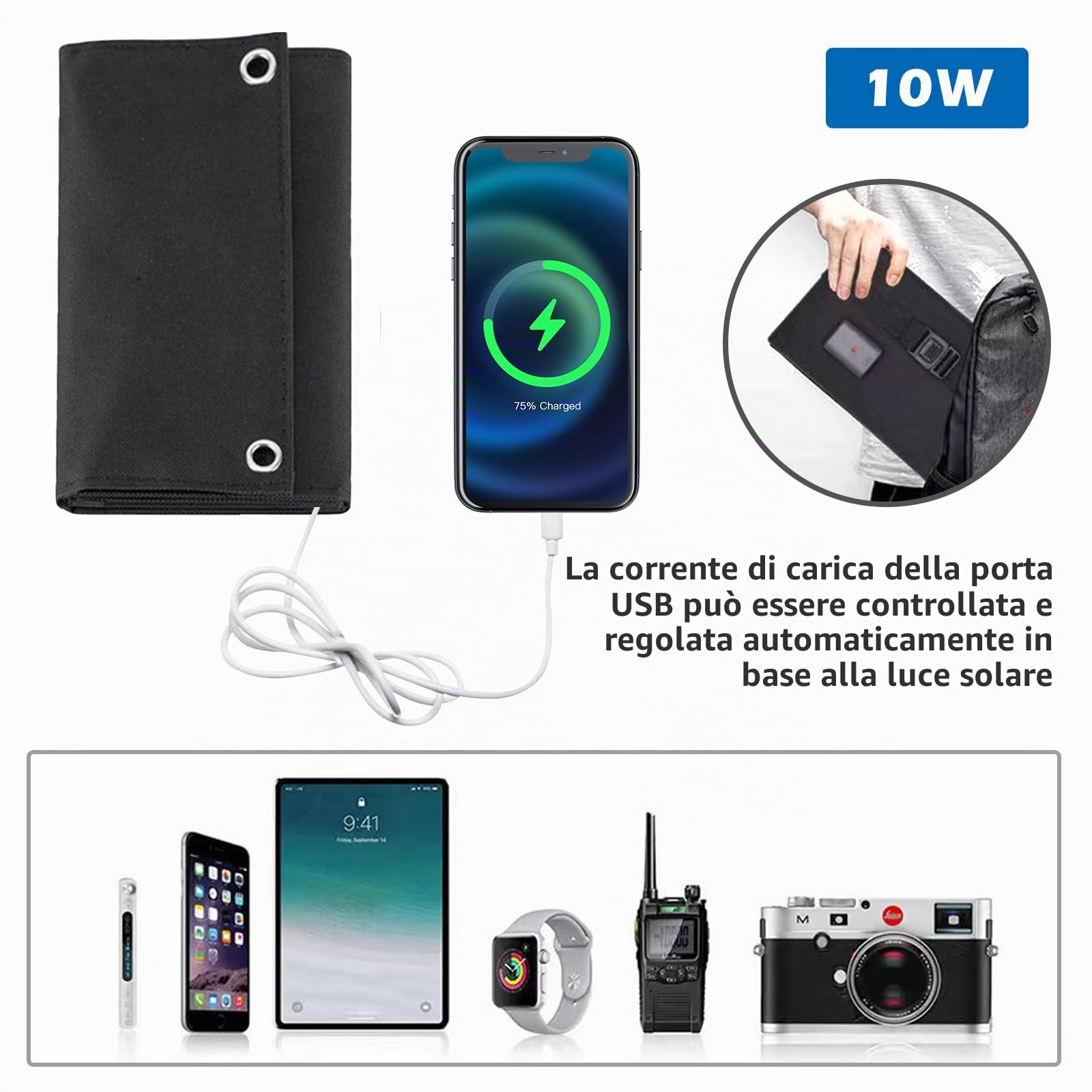 BYZESTY Pannello Solare Portatile 10W - Caricabatterie Solare Pieghevole 5V 2USB Pannello Solari Impermeabile, Pannello Solare Pieghevole Powerbank per Telefono, Attività all'Aperto, Campeggio