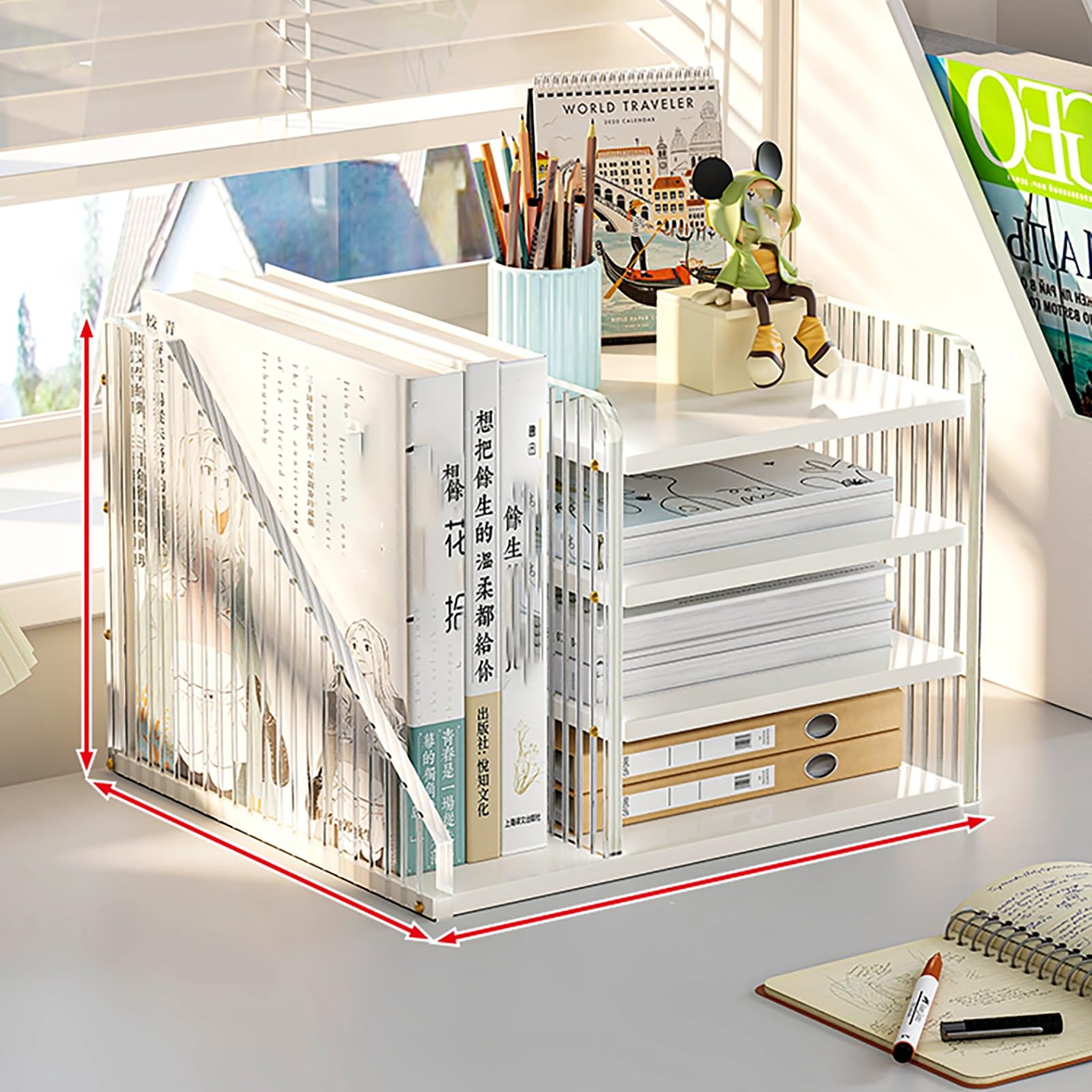 Schreibtischregal, Schreibtisch-Organizer Aus Polypropylen, Bücherregal Klein Mit 4 Schichten, Tischregal Aus Holz, Schreibtisch Aufsatzregal, Standregal Für Wohnheim, Zuhause(Wit)