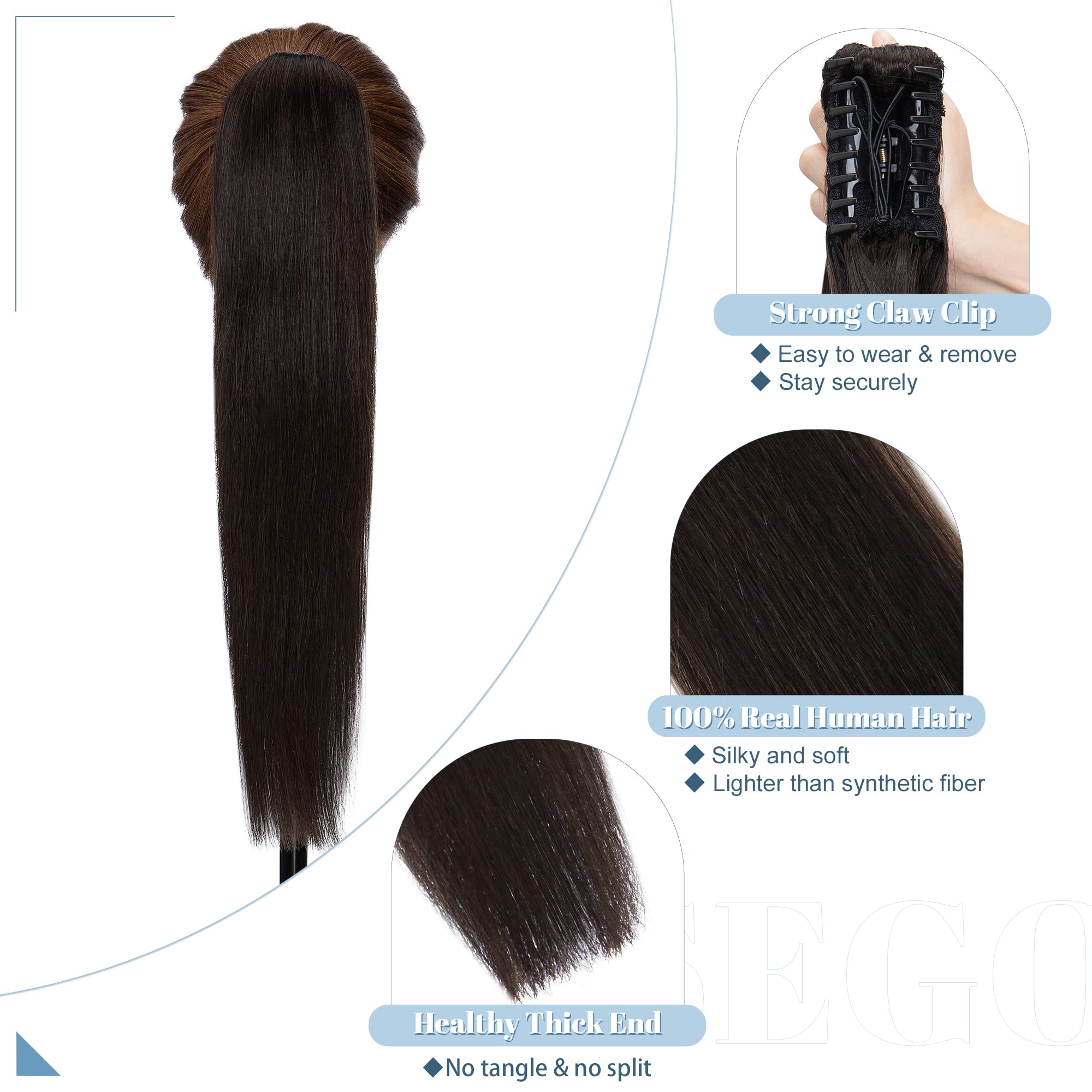 SEGO Extension Coda Capelli Veri Biondi Clip Pinza Cavallo Ponytail Naturale Remy Human Hair Lisci Umani Fascia Unica 50 cm(120 g) #1B Nero Naturale