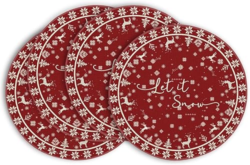 Miniatura 8 de Artoid Mode Juego de 4 manteles individuales de invierno con renos y copos de nieve, 12 x 18 pulgadas, manteles individuales de temporada color rojo