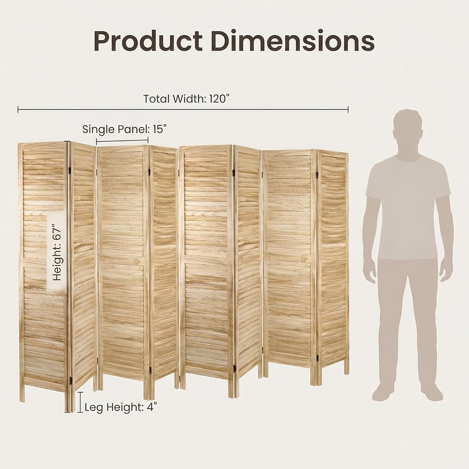 Bluecat 8 Panel Room Divider, 128" W x 67" H Foldable Privacy Screen, Freestanding Solid Wood Partition Wall for Home Office Bedroom, No Assembly Required, Natural