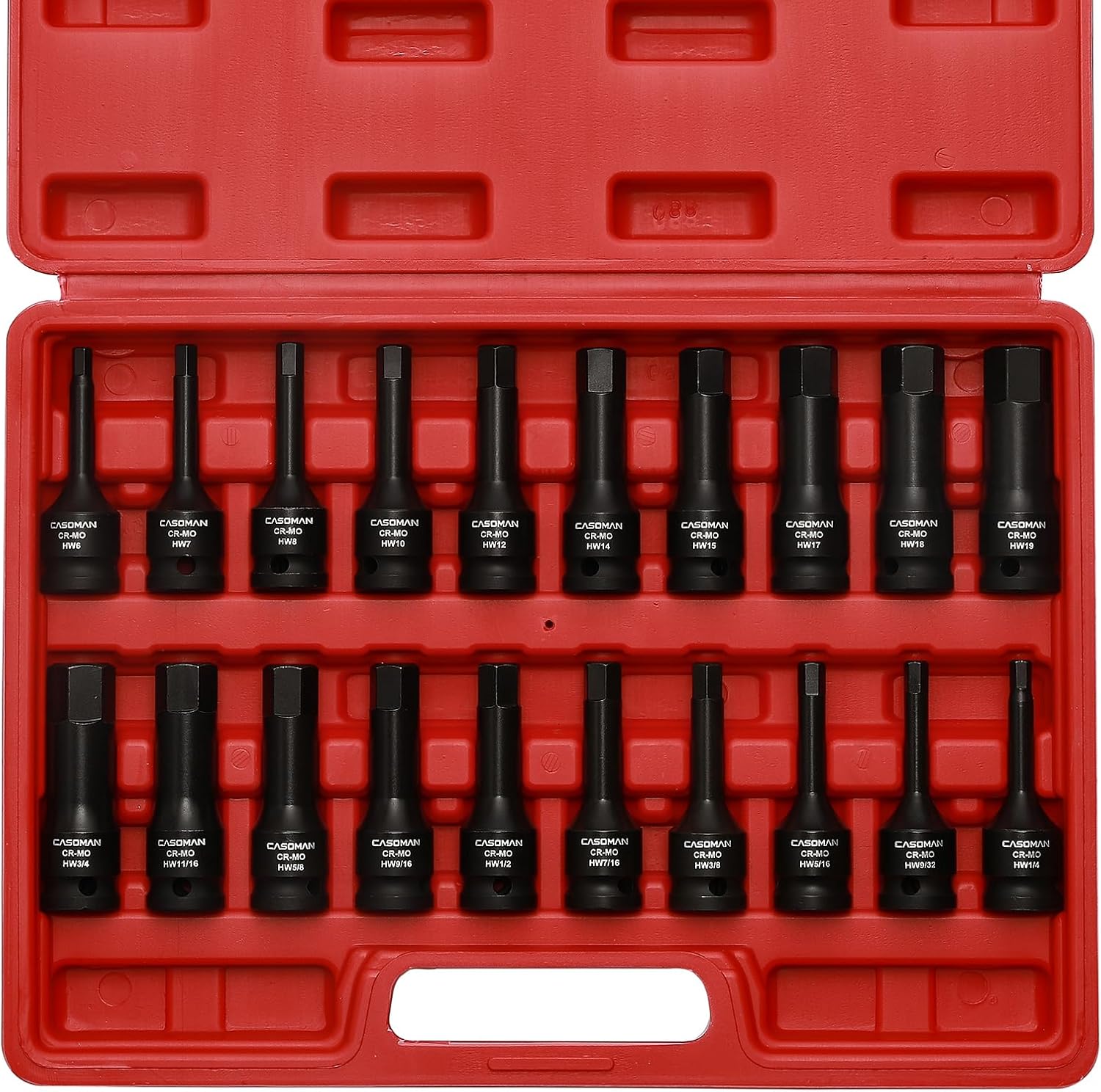 CASOMAN 1/2" Drive Master Impact Hex Bit Set, Hex Driver, SAE/Metric, 1/4" - 3/4", 6mm - 19mm, Cr-Mo Steel,Impact Grade, One-Piece Construction, 20-Piece 1/2" Drive Allen Bit Socket Set