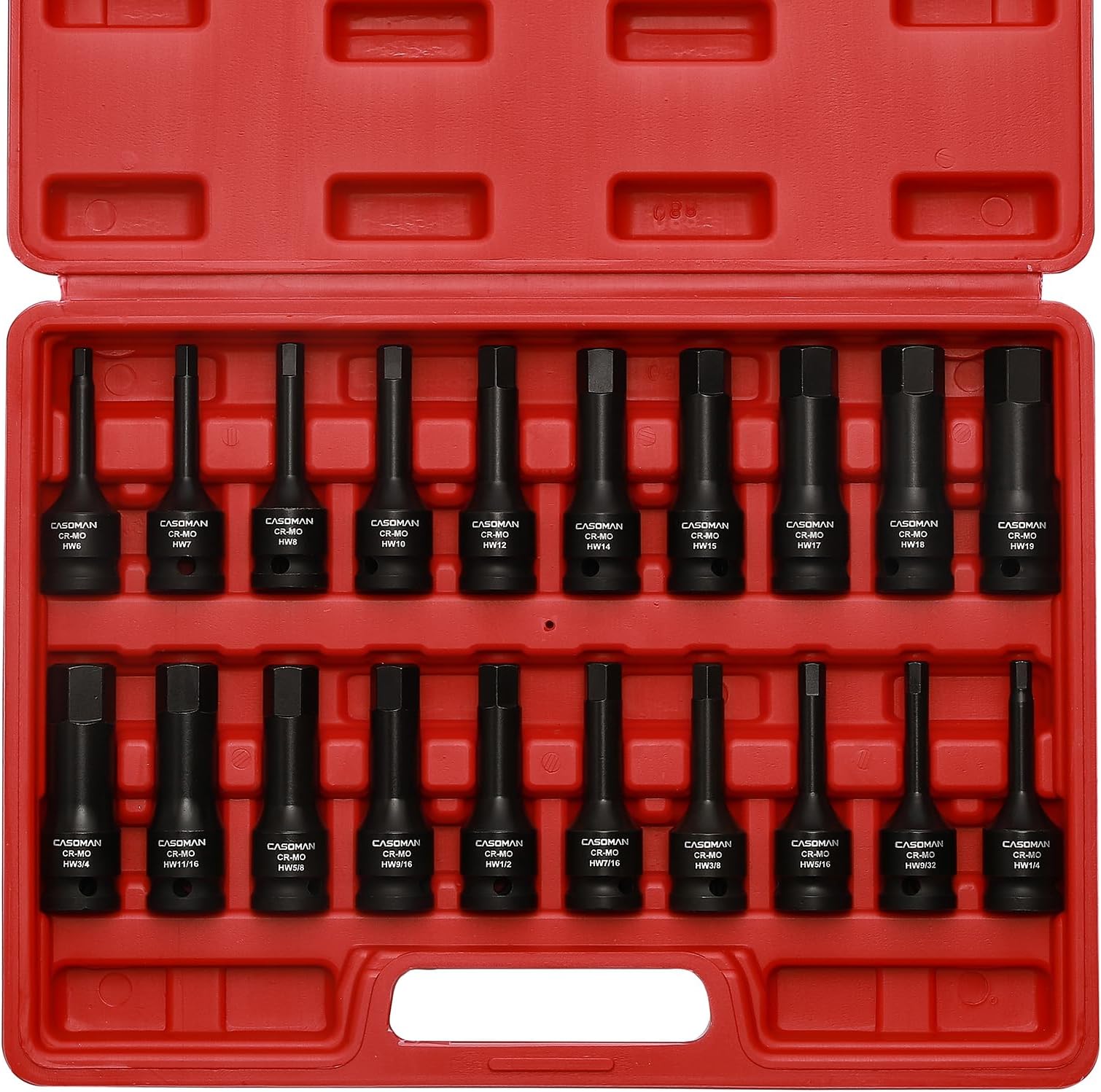 1/2" Drive Master Impact Hex Bit Set, Hex Driver, SAE/Metric, 1/4" - 3/4", 6mm - 19mm, Cr-Mo Steel,Impact Grade, One-Piece Construction, 20-Piece 1/2" Drive Allen Bit Socket Set