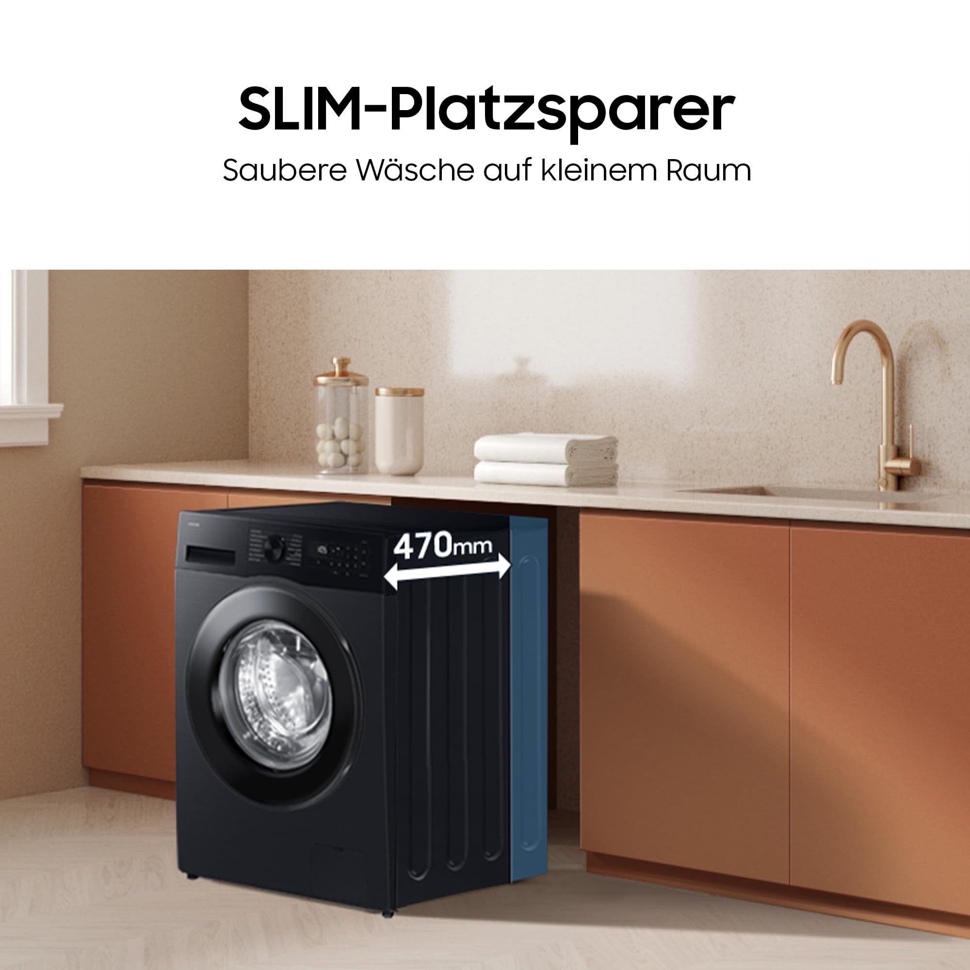 Samsung WW81FG5L32ABEG Waschmaschine, 8 kg, Platzsparende SLIM Ausführung, Nur 47 cm tief, AI Ecobubble und Energy Mode, SmartThings, Super Speed und Hygiene-Dampfprogramm, Schwarz