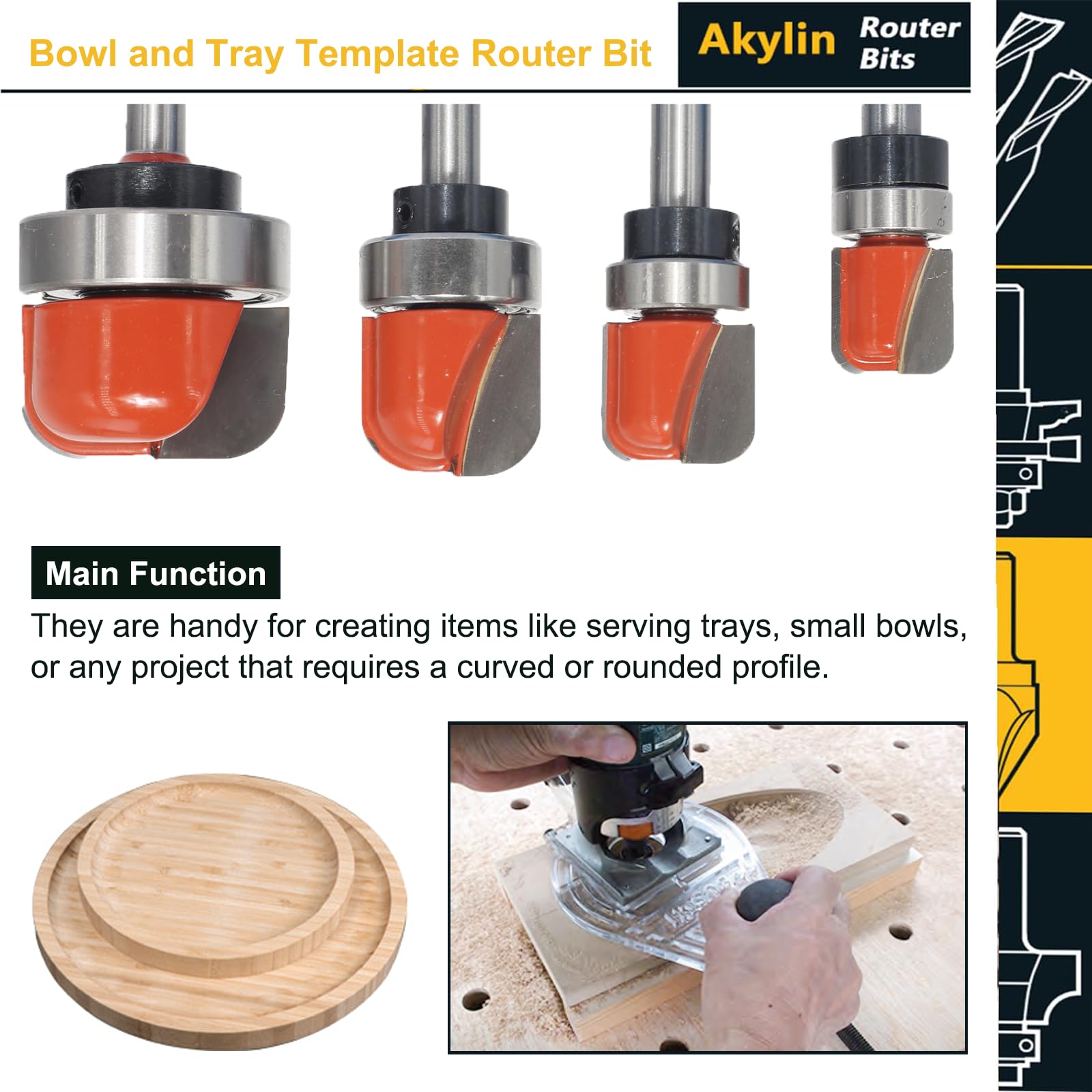 Akylin Dish Carving Router Bits, 1/4 Inch Shank Bowl and Tray Template Router Bit Set including Ball Bearing - Image 4