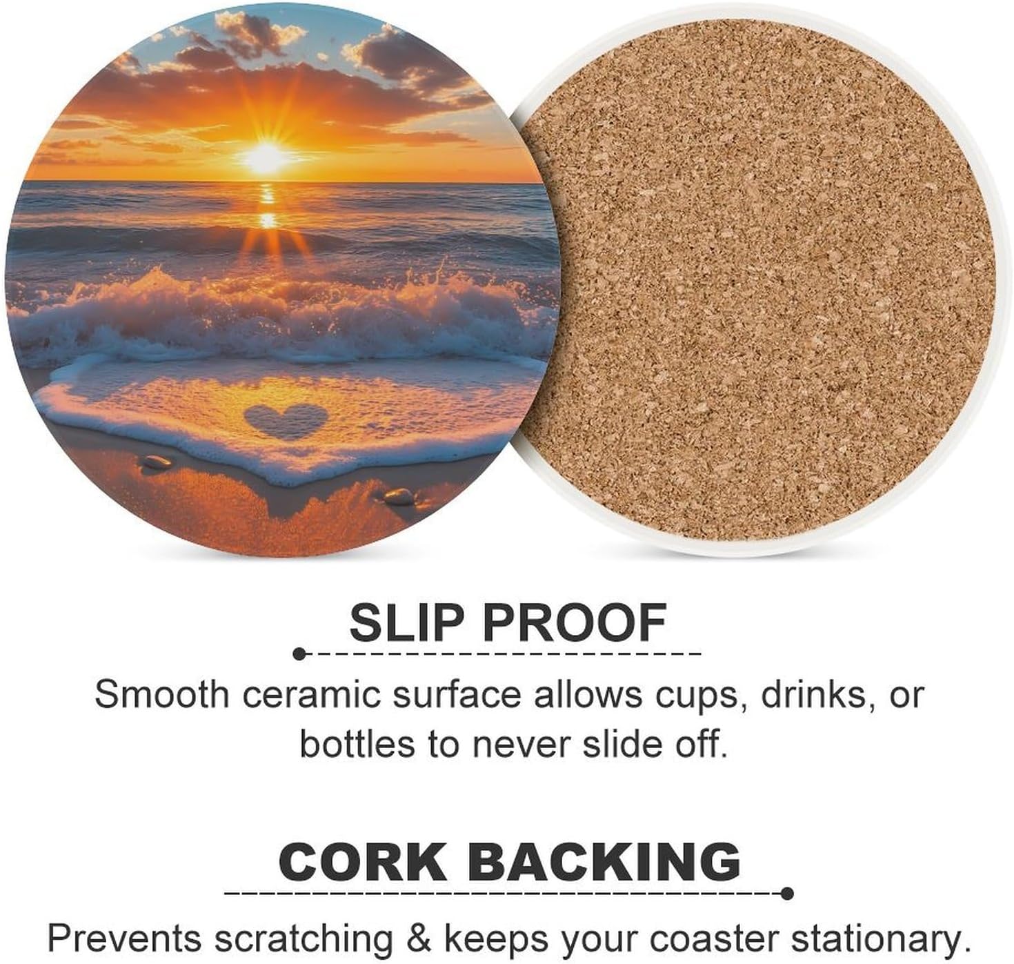 Sunset Over The Ocean Love Round Ceramic Coasters Print Drinks Absorbent with Cork Base for Home Decor Gifts 4 Inch