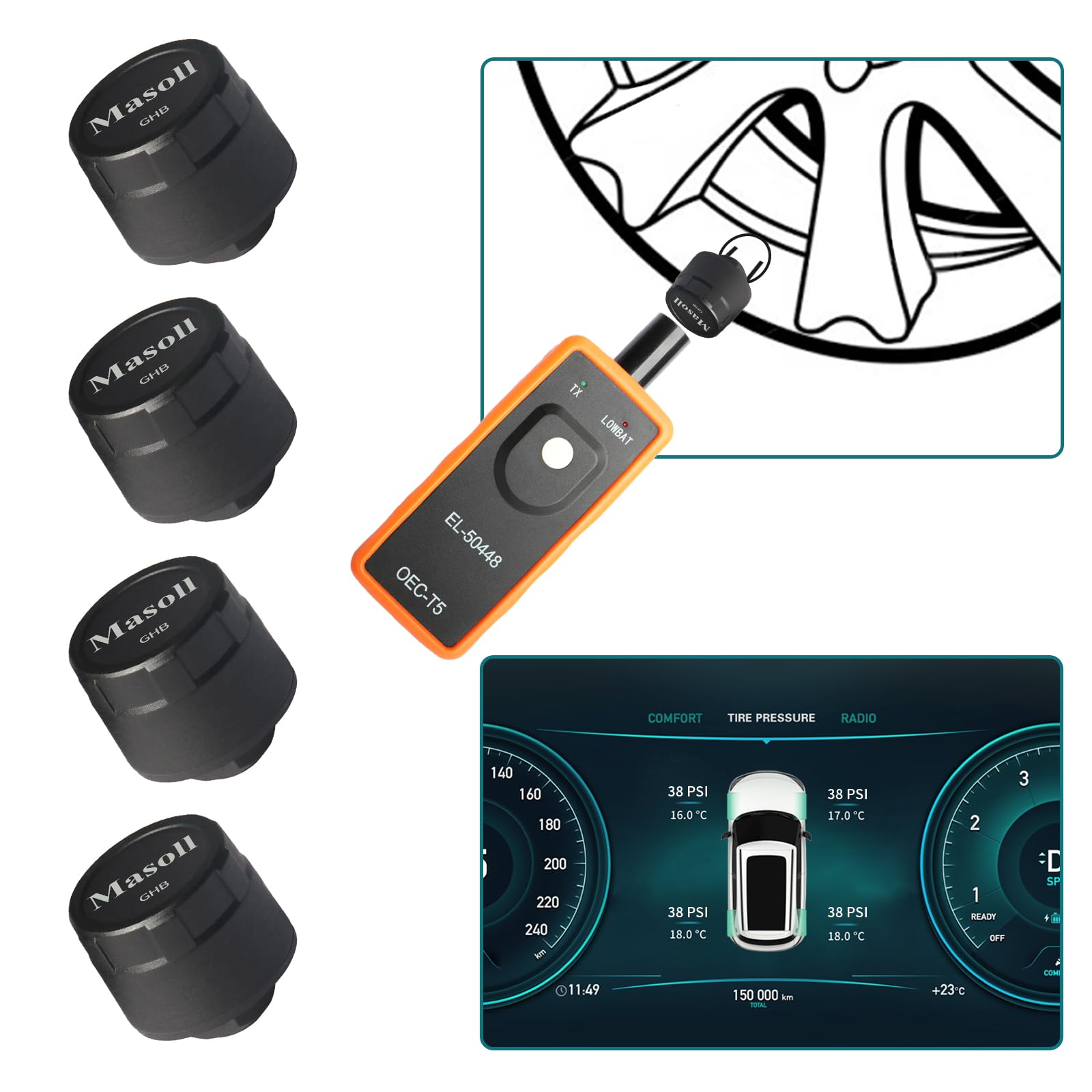 TPMS Sensor for GM Chevy Chevrolet Silverado Buick Cadillac GMC, Gen 2 TPMS Sensors Set of 4 with 1 TPMS relearn Tool, External Tire Pressure Sensor, Easy to Install