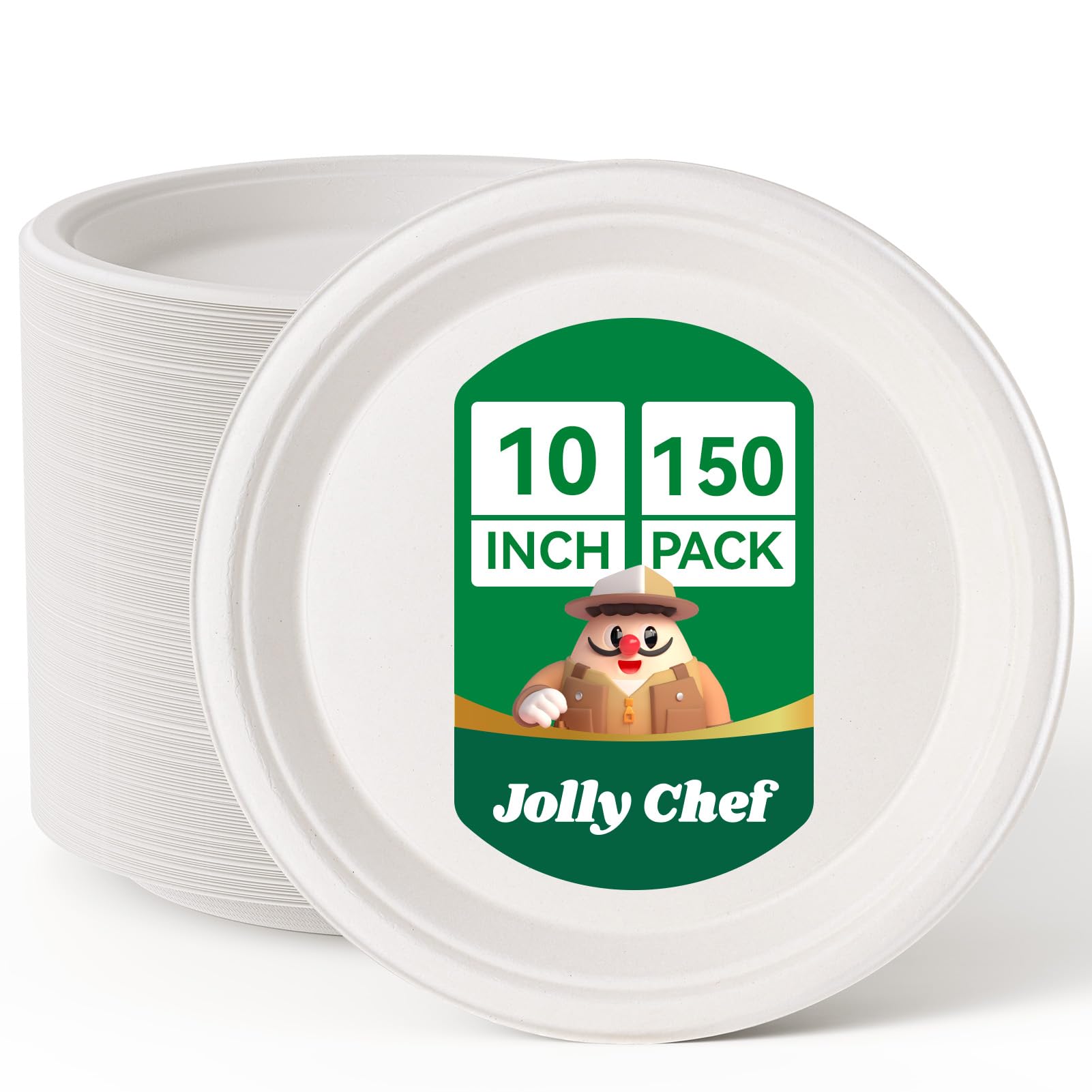 JOLLY CHEF Compostable Heavy Duty Paper Plates, 10 Inch [150 Pack] Disposable White Paper Plates Made of Bagasse Biodegradable Bulk for Party Dinner