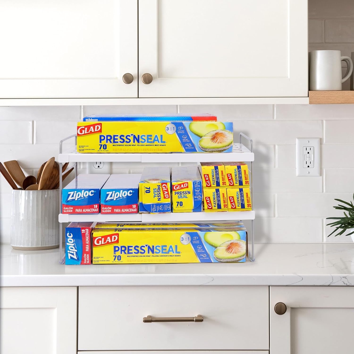 Pantry Organizers and Storage,3 Tiers Expandable Foil and Plastic Wrap Organizer, Adjustable Kitchen Cabinet Shelf Organizer, Shelves Storage Rack for Cabinet Countertop (9.8" To 15.6"L) 2PCS - Image 5