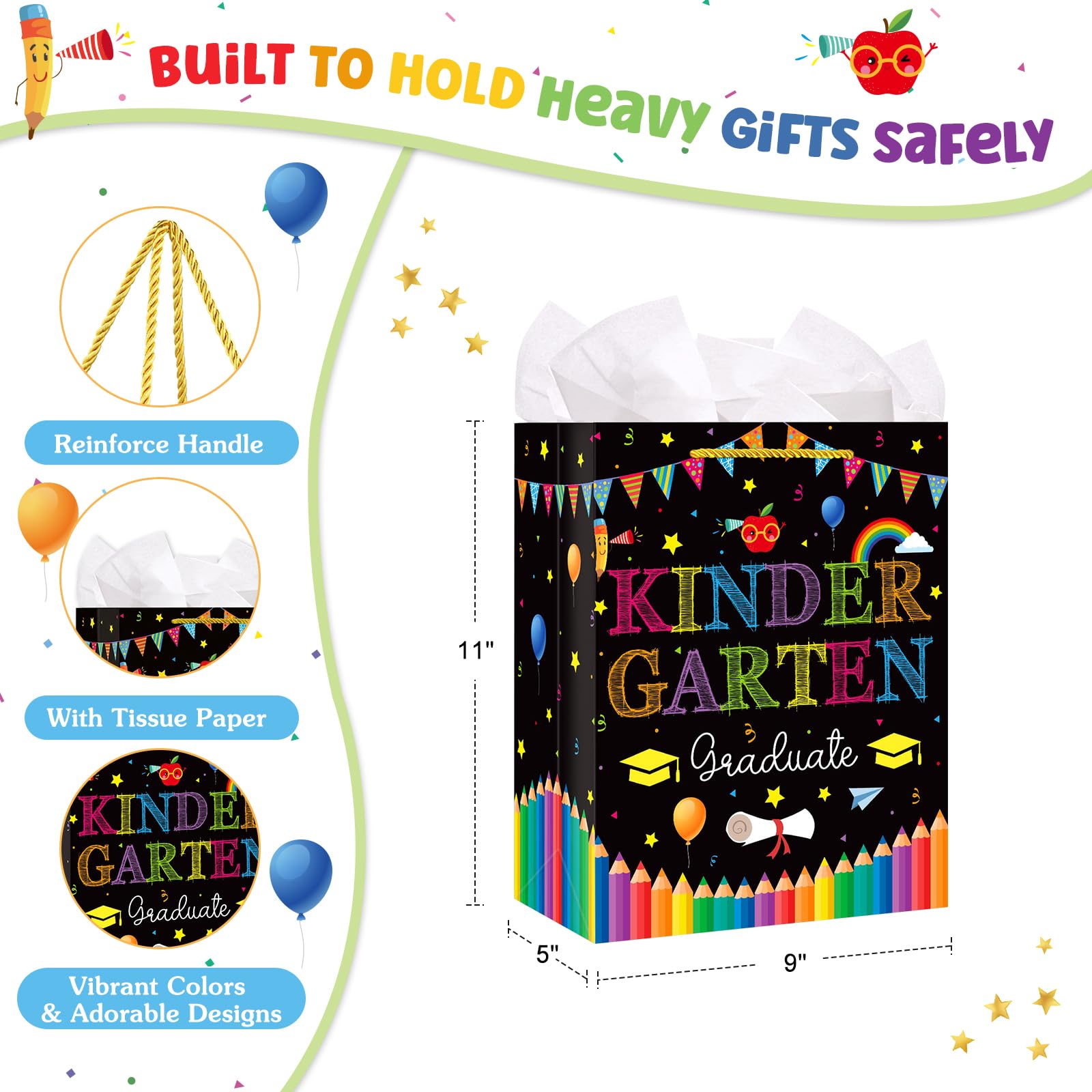 WhatSign Kindergarten Graduation Gift Bags - Graduation Bags for Kids 11.5" Medium Preschool Pre K Gift Bag with Tissue Paper and Handle Party Favor Bag for Boys Girls
