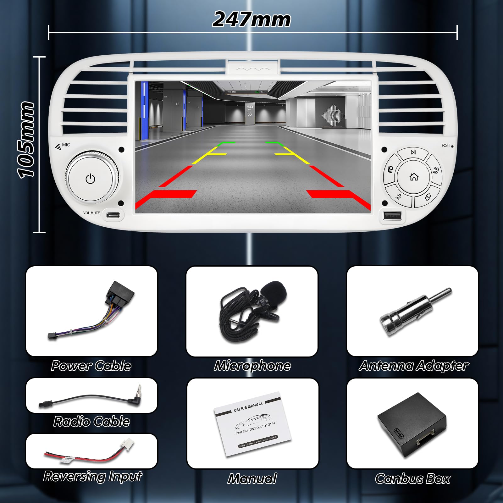 Autoradio Linux Fiat 500 (2007-2015) –Avvio in 3-5 secondi | Schermo IPS 7", CarPlay & Android Auto wireless, AM/FM/RDS, DSP, USB, Bluetooth, microfono, comandi al volante – plug & play