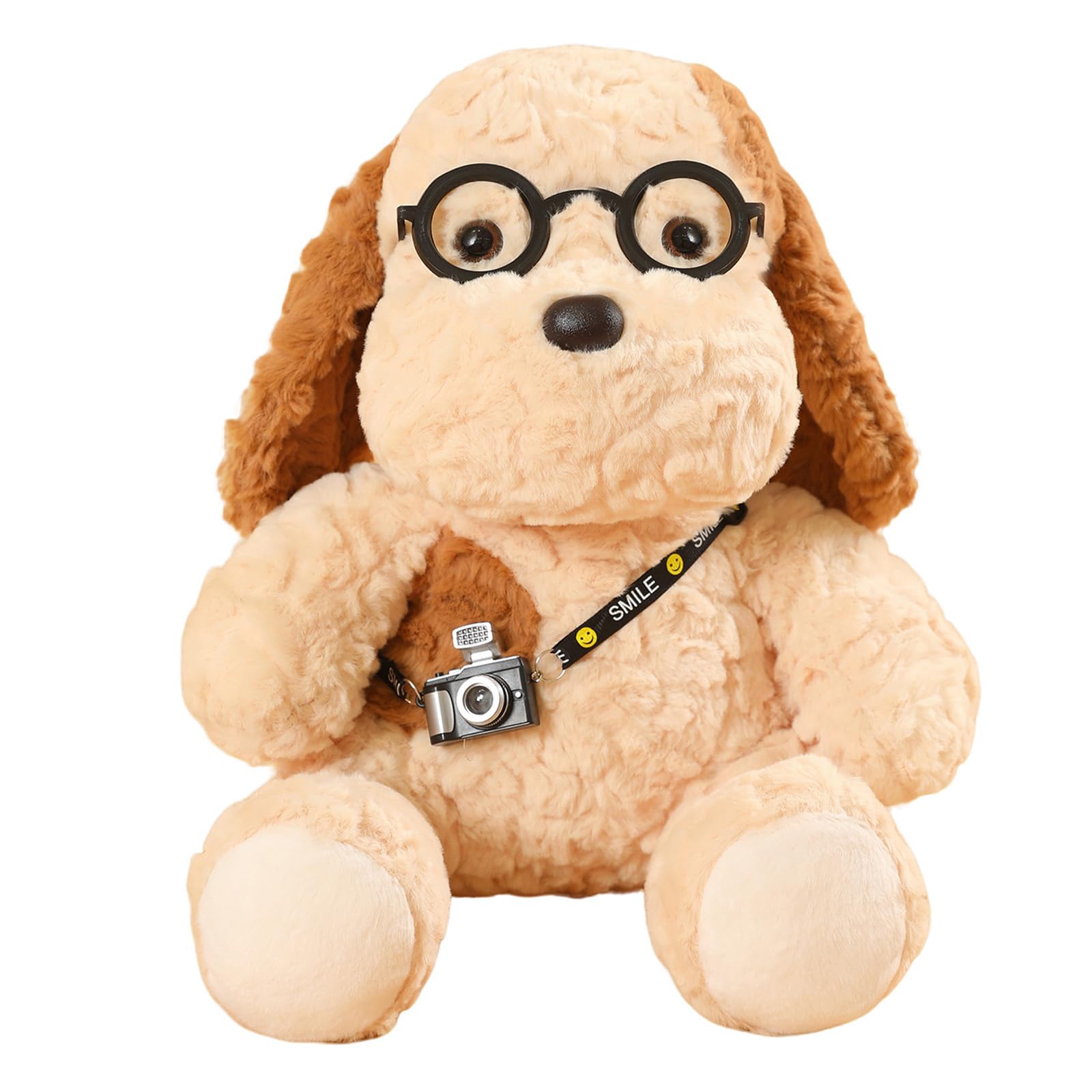 ZBELLO Cuddly dog toy, stylish plush dog with glasses & mini camera – a soft, lovable cuddly companion for children and adults – sitting position (35 cm)