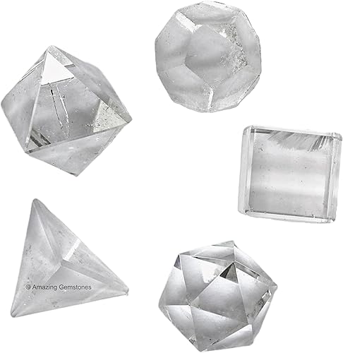 Amazing Gemstone Cristales sólidos platónicos de cuarzo transparente, juego de 5 piedras de geometría sagrada y curativas, kit de geometría sagrada