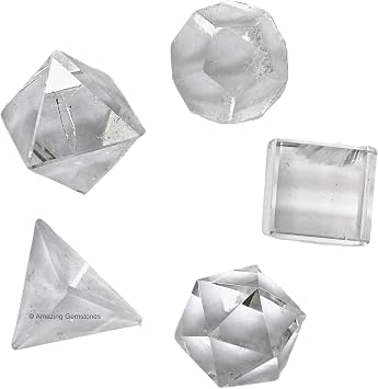 Amazing Gemstone Clear Quartz Platonic Solids Crystals - Set of 5 Sacred Geometry and Healing Stones Solidos Platonicos Sacred Geometry Kit for Energy Chakra Balancing, Reiki, Meditation