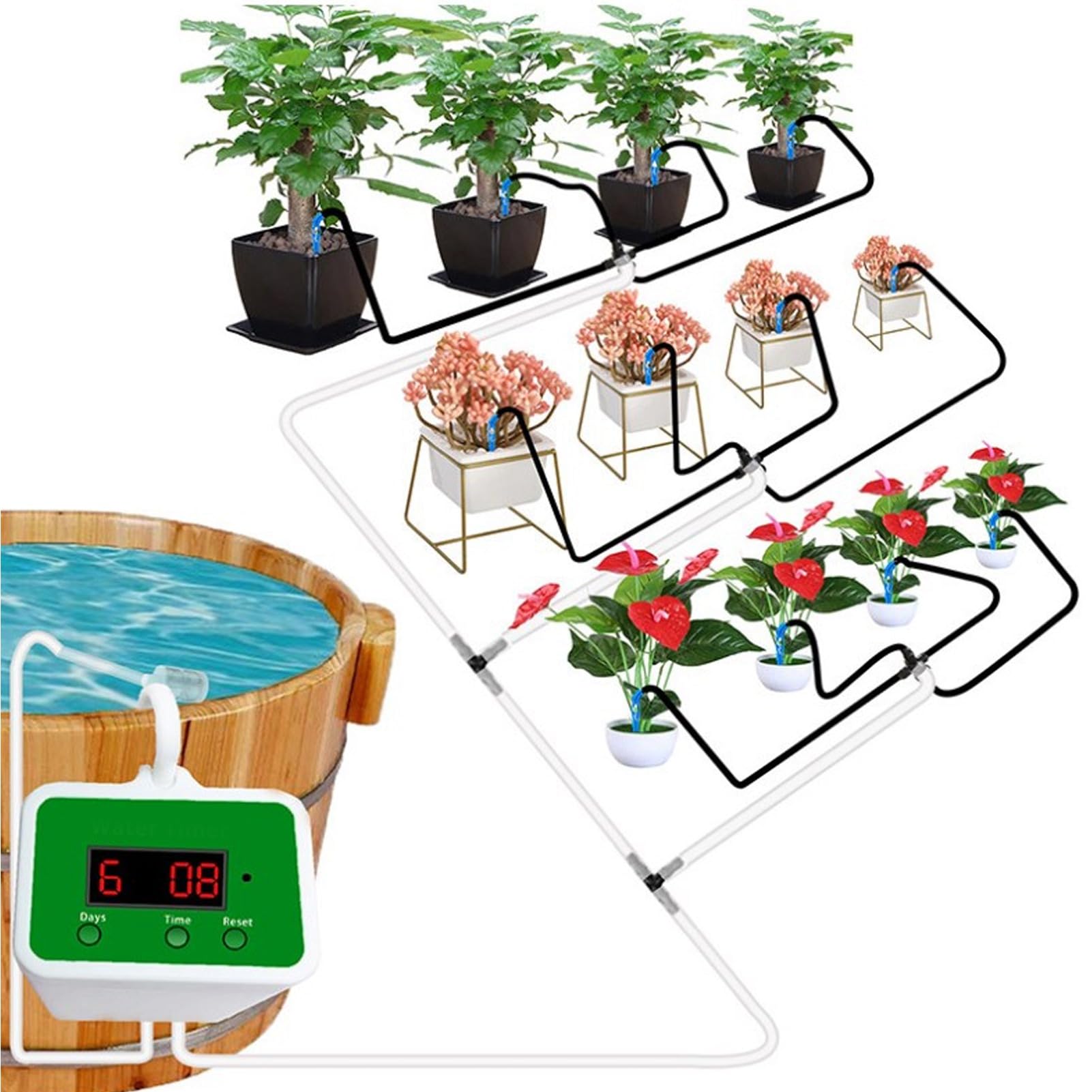Irrigatore Automatico per Piante Solare Irrigatore Automatico per Piante, Kit di Irrigazione a Goccia a Energia Solare con Timer e Animale, di Irrigazione ABS 2000mAh per Giardino, Cortile,