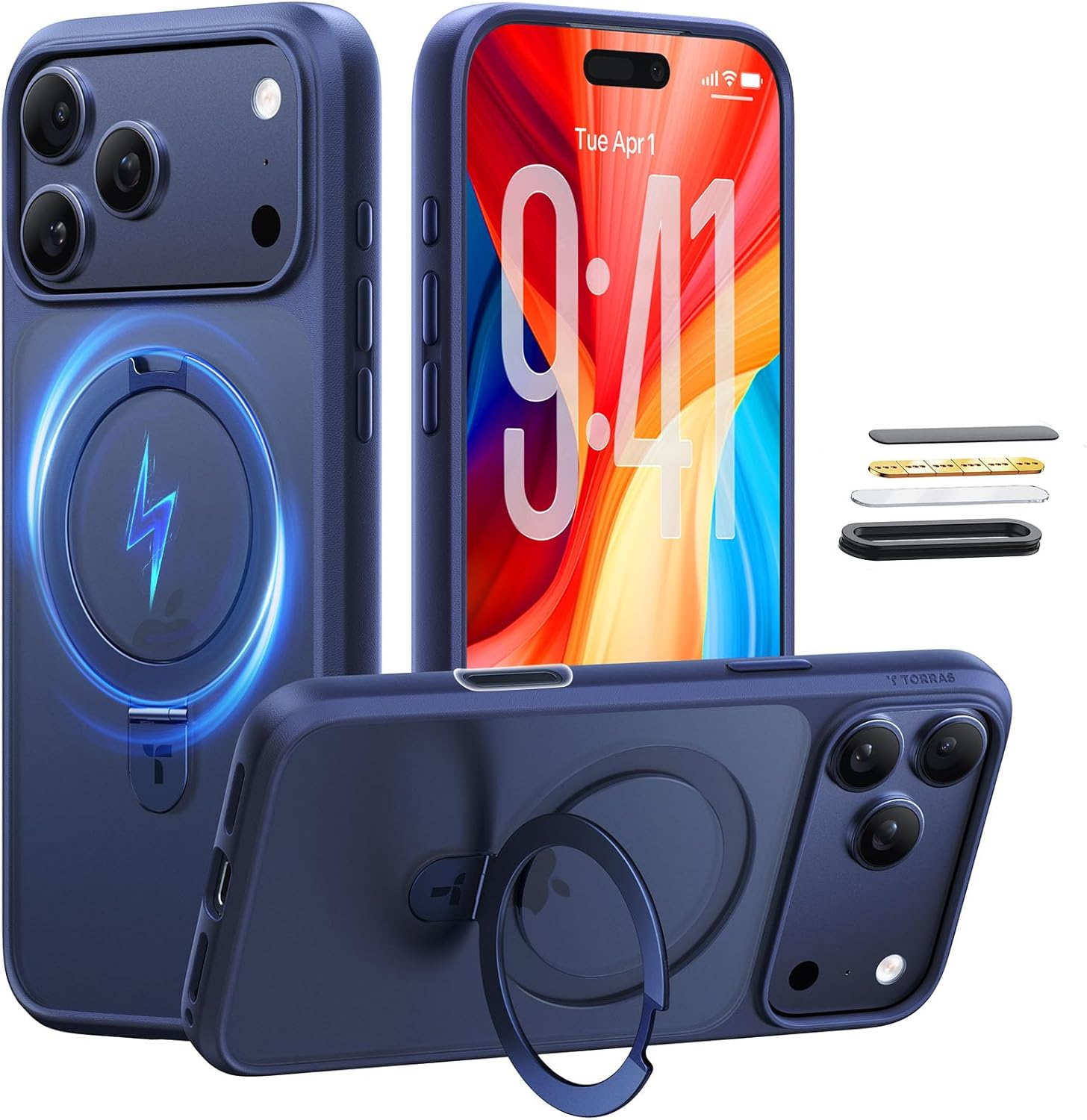 torras for iphone 17 pro max case with stand, compatible with magsafe, 4x military grade protection, camera control button translucent slim phone case for iphone 17 pro max 6.9", deep blue deep blue iphone 17 pro max