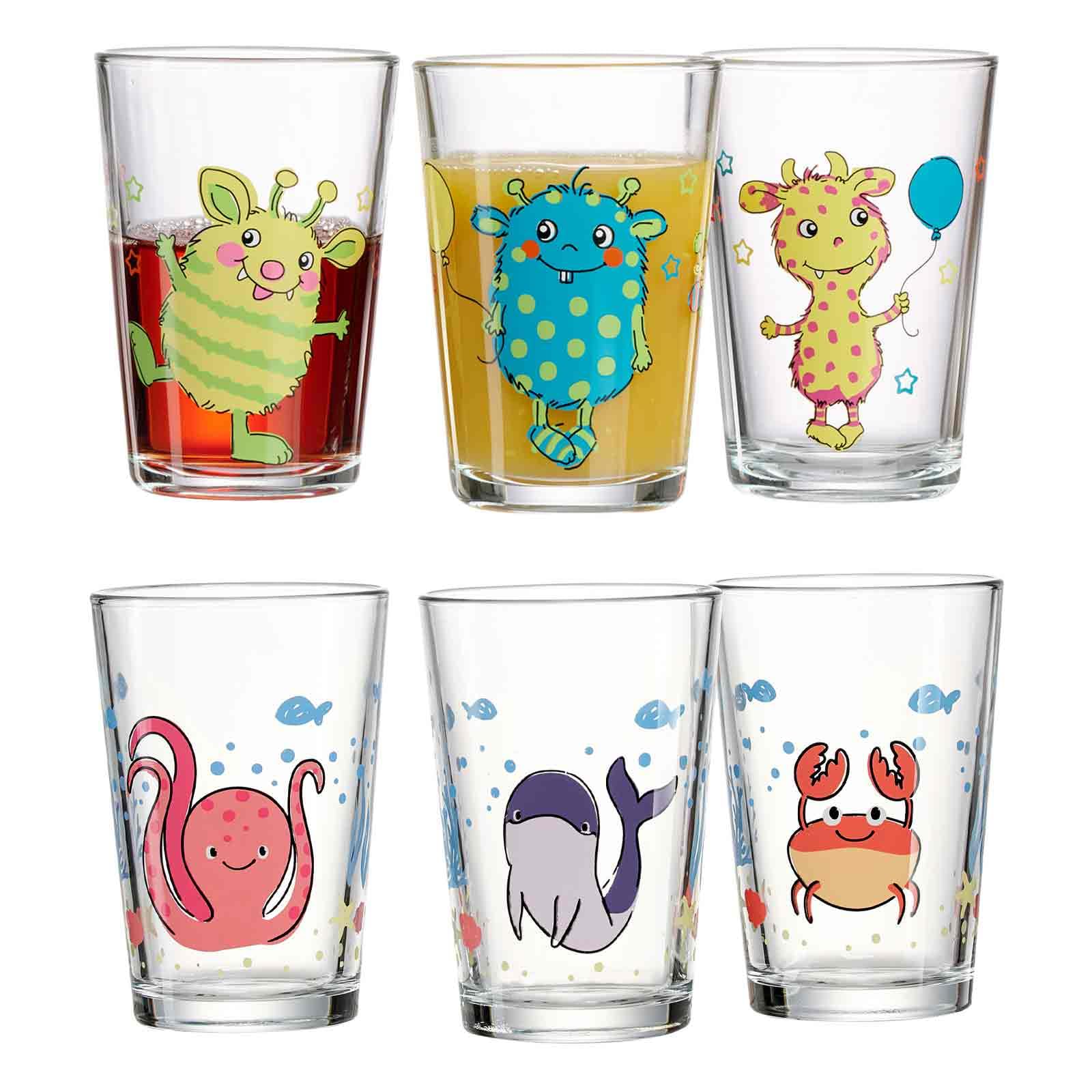 Ritzenhoff & Breker Set di 6 bicchieri per bambini con motivi sottomarini e mostriciattoli, 205 ml, bicchieri per bambini stampati con motivi di animali e mostri, adatti alla lavastoviglie