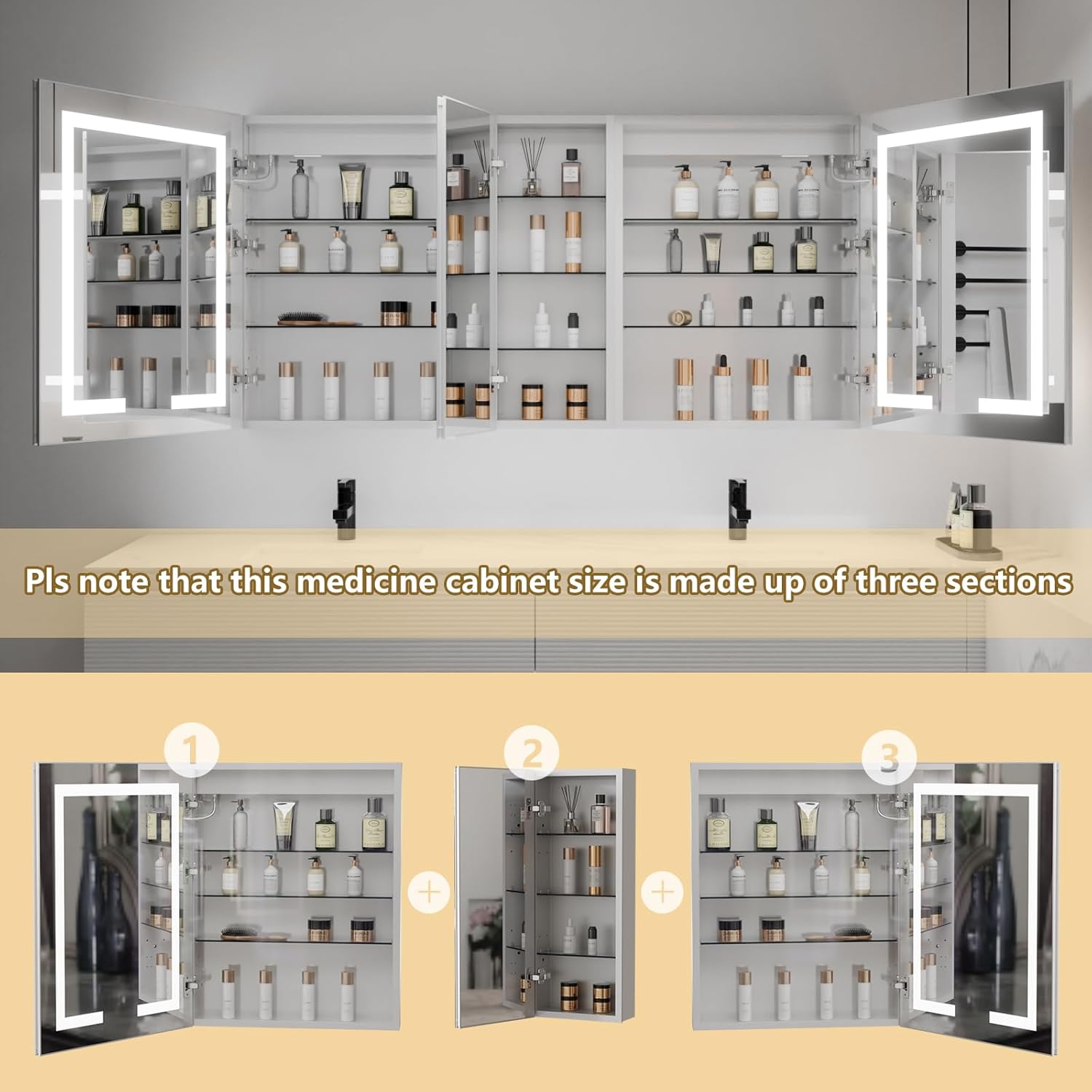 ExBrite LED Lighted Bathroom Medicine Cabinet with Mirror, 60 x 30 Inch, led Medicine Cabinet with Extra Closed Storage Cabinet,Defog, Stepless Dimming,Color Temper Change, 2 Outlets,Storage Shelves