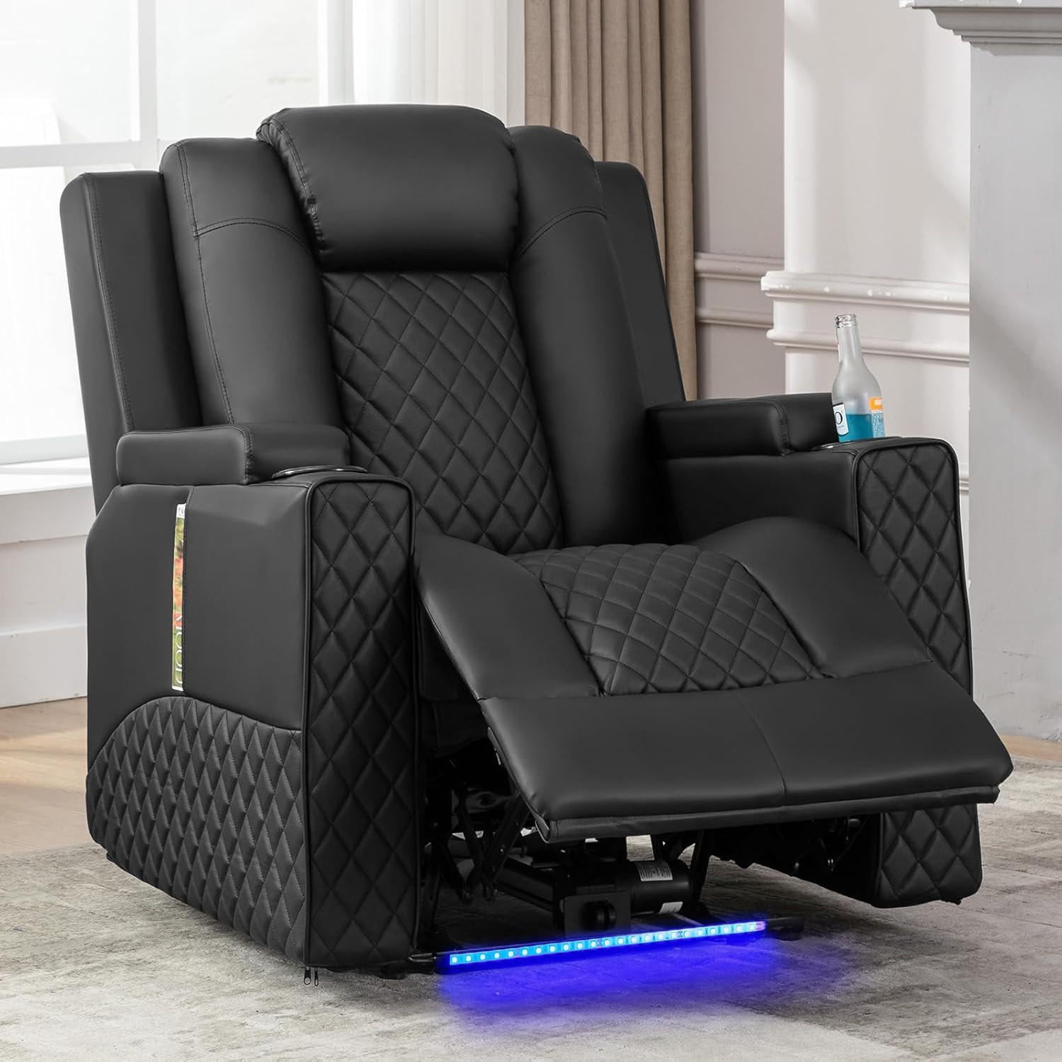 comhoma power recliner chair pu leather electric massage recliner sofa for living room home theater seating with cup holders and led lighting(black)