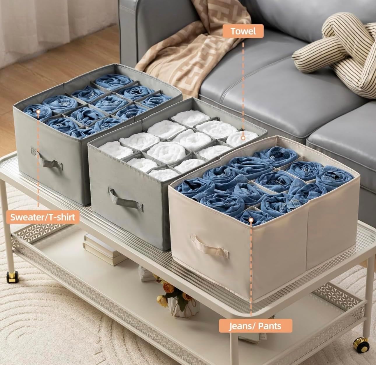 Heavy Duty Drawer Organizer Bins – Foldable & Stackable Storage Solution for Clothes, Socks, Baby, Kids, Closet, Drawer, Room & Home Organization and Storage Grey (4-Pack, 7, 8, 9,12")