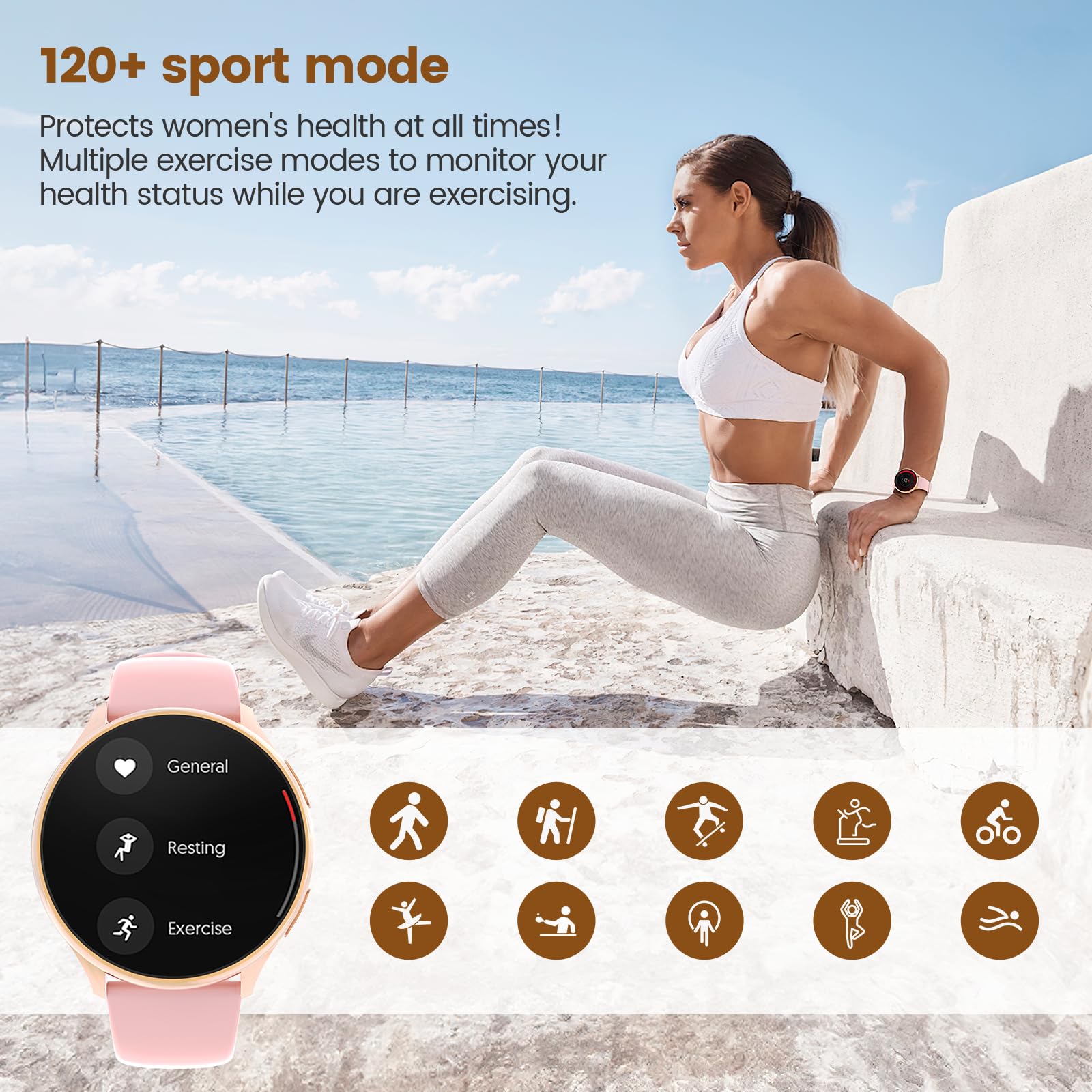 SLOKSFil Reloj Inteligente Mujer, 1,39" SmartWatch Mujer Redondo SpO2, 24H Pulsometro, Presión Arterial, Monitor sueño, Monitor de sueño 120 Deportes para iOS Android (Oro Rosa)