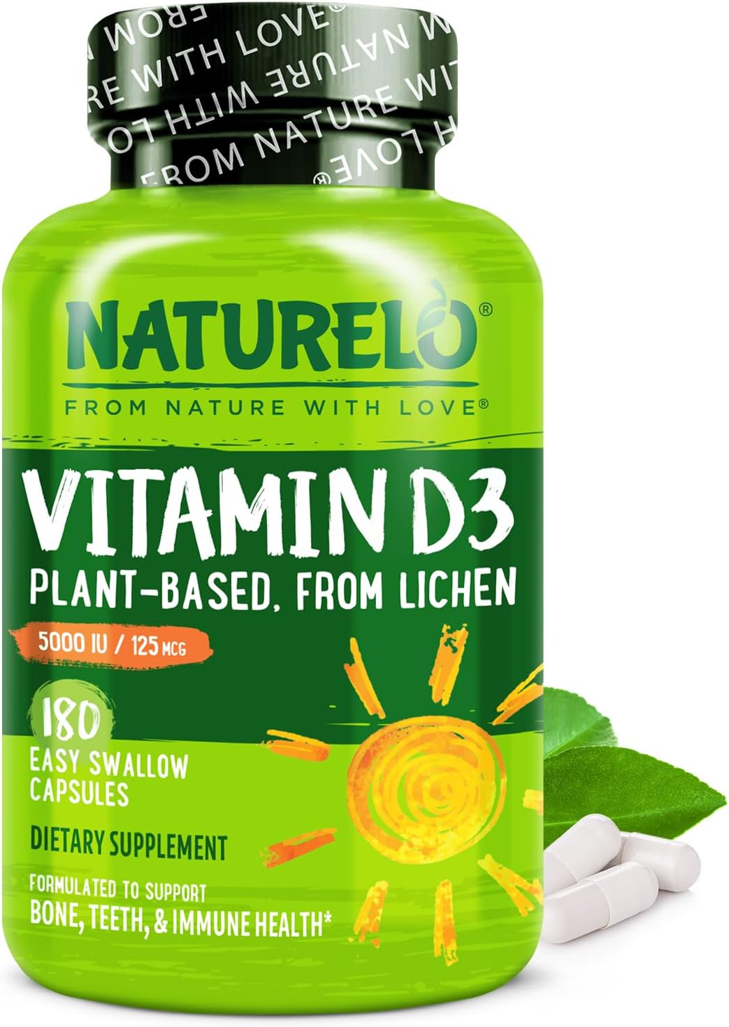 NATURELO Vitamin D - 5000 IU - Plant Based from Lichen - Natural D3 Supplement for Immune System, Bone Support, Joint Health - High Potency - Vegan - Non-GMO - Gluten Free - 180 Capsules