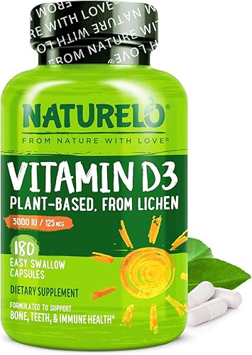 NATURELO Vitamina D - 5000 UI - Basada en plantas de liquen - Suplemento natural de D3 para el sistema inmunológico, apoyo óseo, salud de las