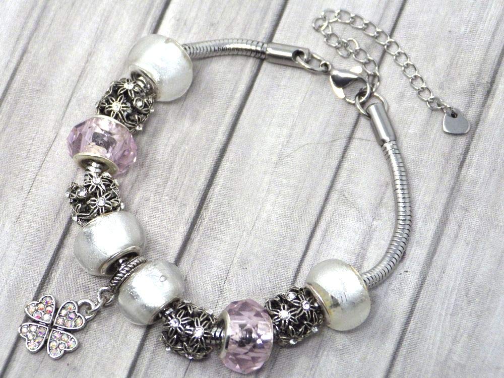 Parure charms mujer de acero inoxidable con collar pulsera y colgante trébol con cristales
