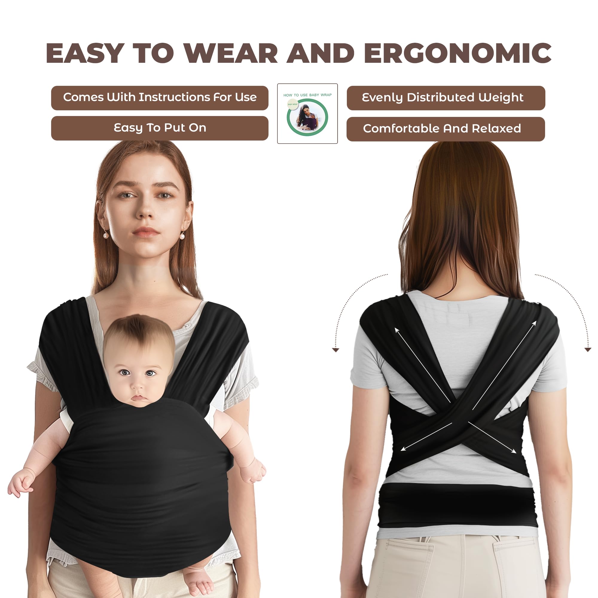Chustonos do Noszenia Dzieci, Bawełniana i Oddychająca Chusta do Noszenia Niemowląt, Maksymalne Obciążenie 15 kg, Wymiary 5,3 m × 0,58 m, Ergonomiczny Design (Czarny)