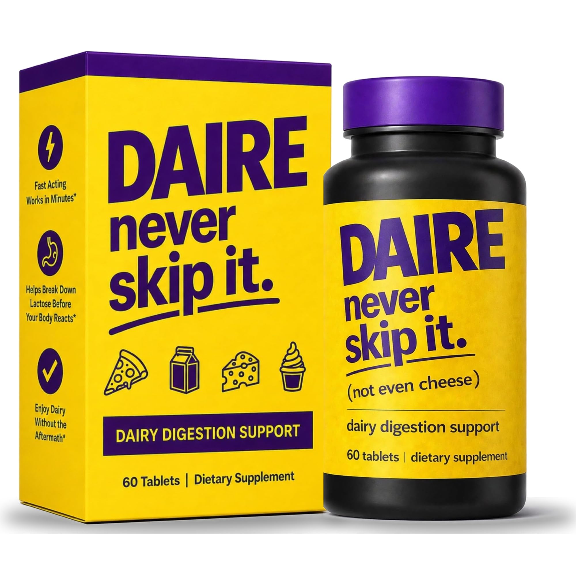 Daire Lactase Enzyme Tablets 9000 FCC – Fast-Acting Lactose Pills for Lactose Intolerance & Dairy Relief – Vegan, Non-GMO, Gluten-Free – 60 Tablets