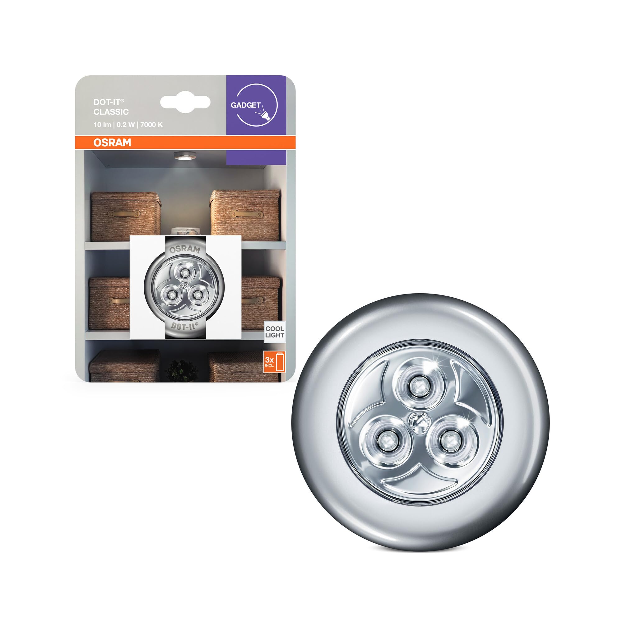 OSRAM DOT-​it CLASSIC luz LED con pilas, plateada, de plástico, IP20, para armario, cocina y como luz nocturna