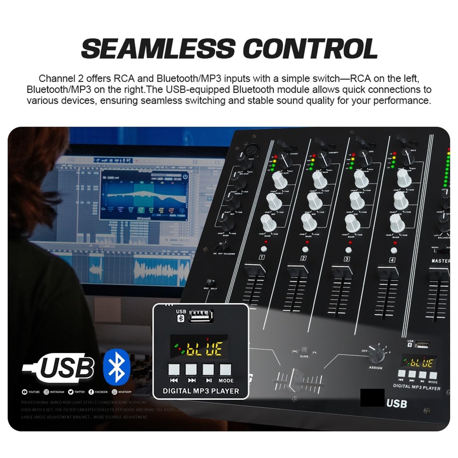 DJ Controller, Mixer DJ USB a 4 canali con interfaccia integrata, equalizzatore a 3 bande, ingresso fono e crossfader sostituibile for DJ Stage