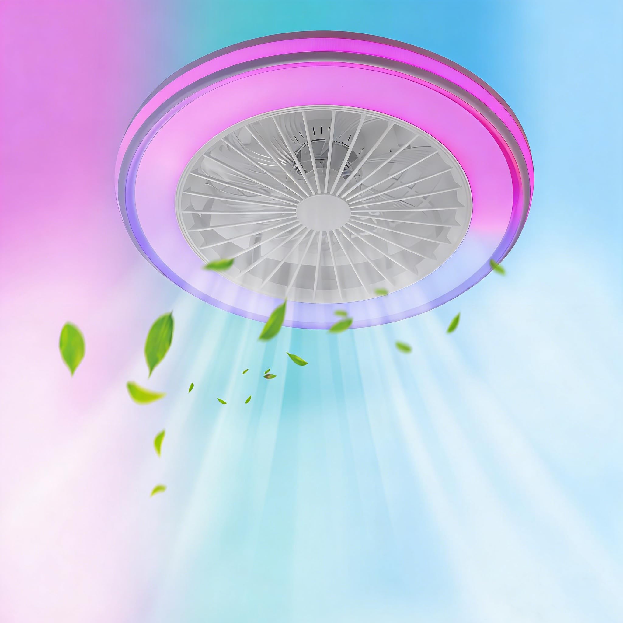 Oyajia Smart-LED-Deckenleuchte mit Ventilator, RGB Deckenventilator-Leuchten, Bluetooth-Musik, 6 Lüftungsgeschwindigkeiten, stufenlos dimmbares Licht für Wohnzimmer, Schlafzimmer(weißer)