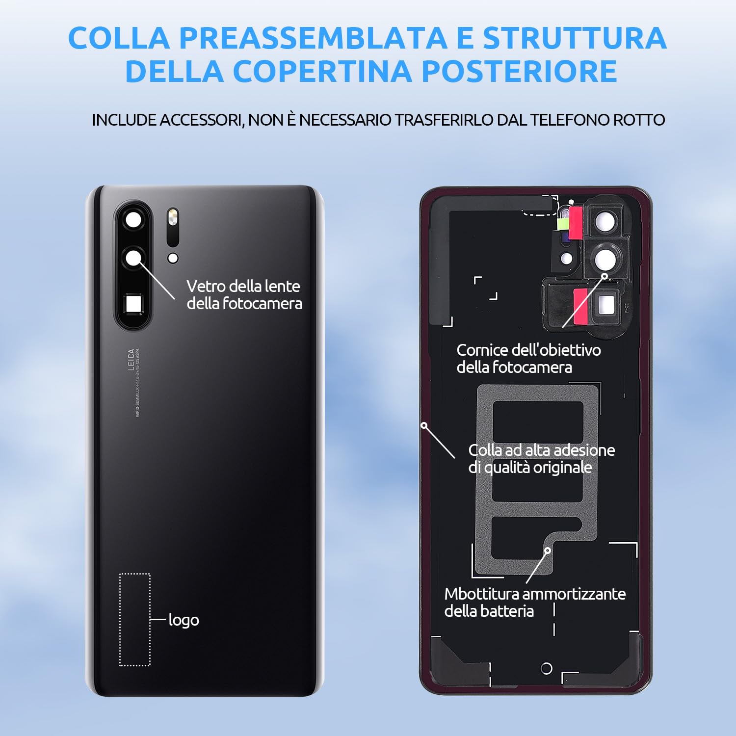 Scocca Vetro Posteriore Sostituzione per Huawei P30 PRO Originale Coperchio Copribatteria con Vetro Fotocamera+Ricambio Kit(Nero)