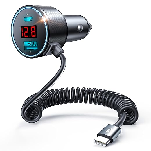 USB C Car Charger, 75W Metal 3-Port Super Fast Car Charger Adapter PD & QC3.0 Built-in 6ft Type C Coiled Cable for Samsung Galaxy S22/21 iPhone iPad Pro Pixel Android Phones
