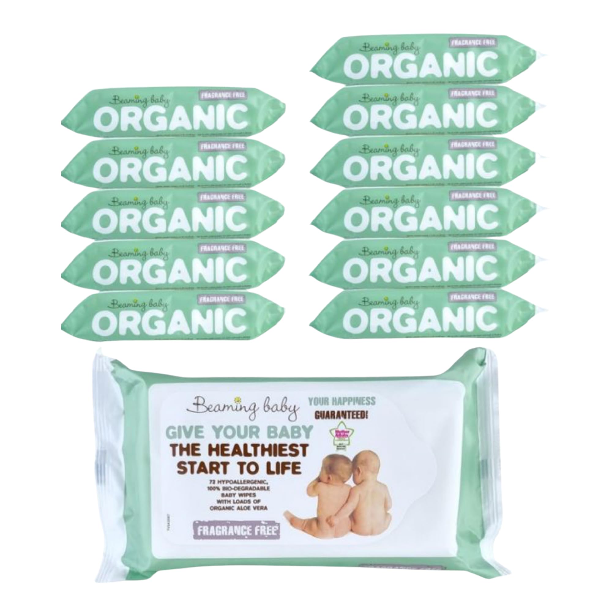 Beaming Baby Organic Baby Wipes, Pack of 12, 72 Wipes per Pack | Fragrance & Chemical Free | 100% Biodegradable with loads of Aloe Vera, Eco Friendly | Give Your Baby The Healthiest Start to Life