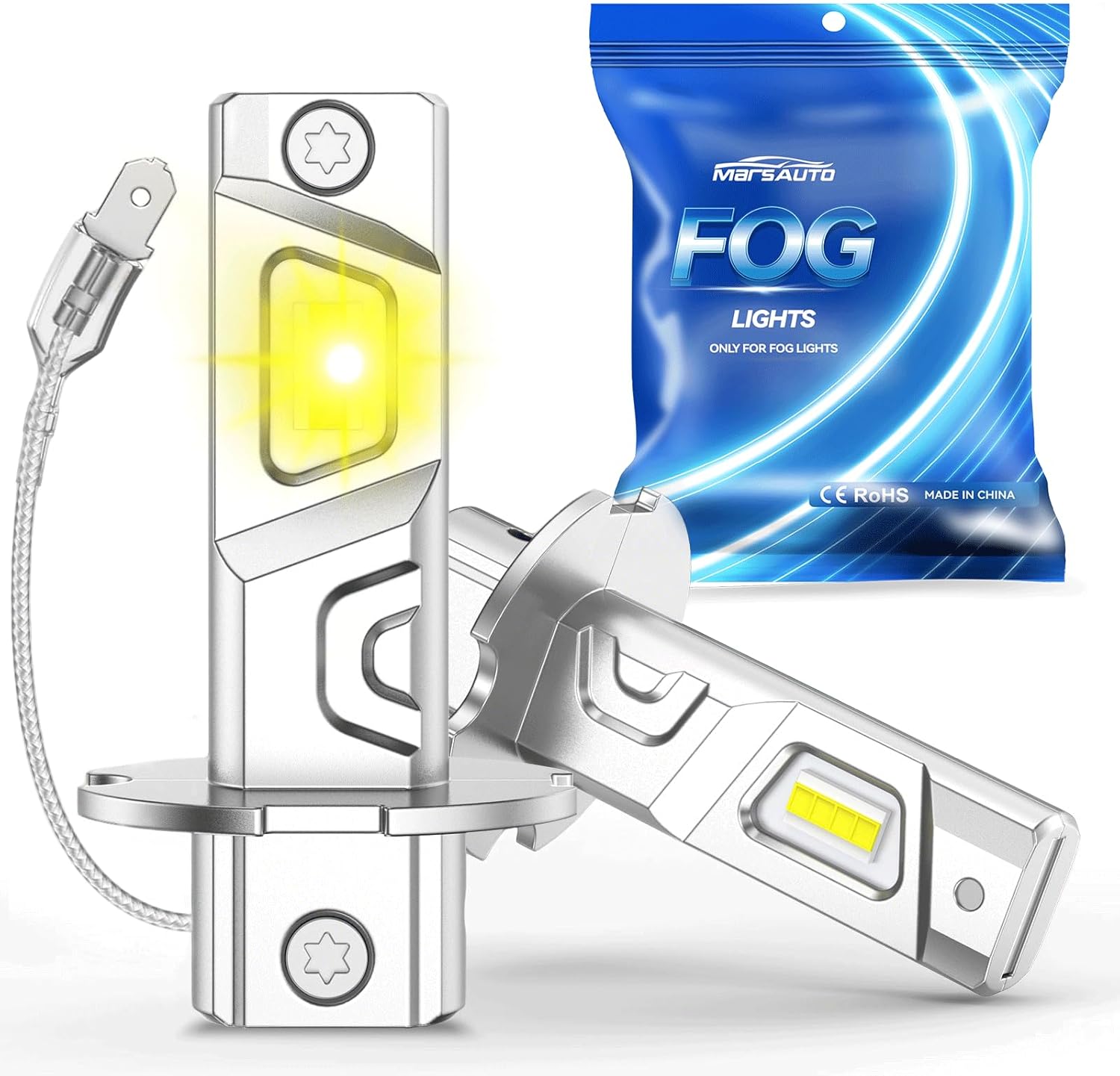 Marsauto H3 Led Bulb Yellow 12,000LM, 600% High Bright H3LL/H3 Fog Lights Led, 3000K Amber Yellow 50000 Hour Lifespan, 1:1 Size H3 Fog Bulb for Car, Tail Light Covers, Pack of 2