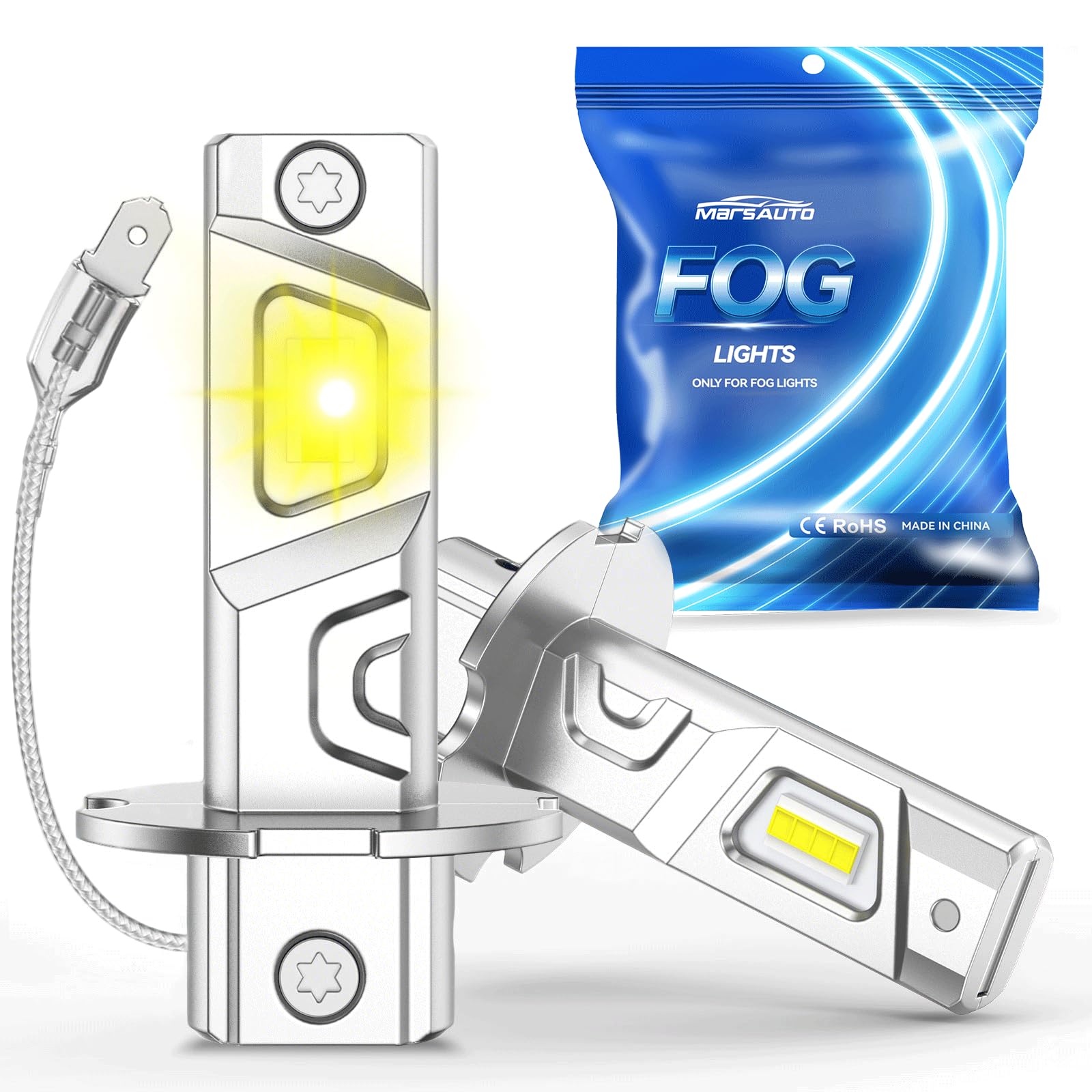 Marsauto H3 Led Bulb Yellow 12,000LM, 600% High Bright H3LL/H3 Fog Lights Led, 3000K Amber Yellow 50000 Hour Lifespan, 1:1 Size H3 Fog Bulb for Car, RV Light bulbs, Pack of 2