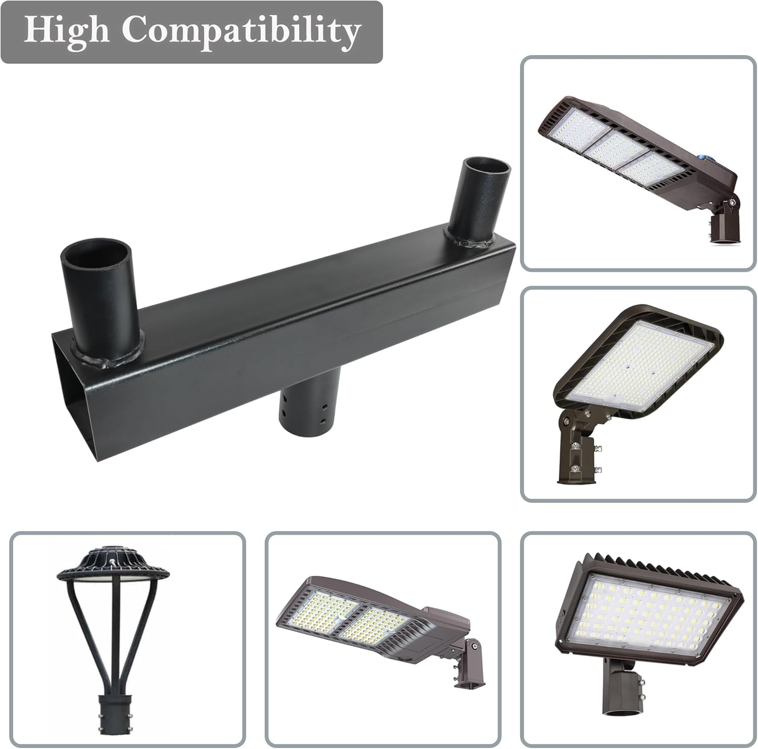 Bullhorn Light Bracket with 2 Tenon Adapters 2-3/8,180 Degree Double Bull Horn Mounting Arm for Round Pole, Heavy Duty Low Profile Bullhorn for Led Parking Lot Lighting, Shoebox Lights (Black)