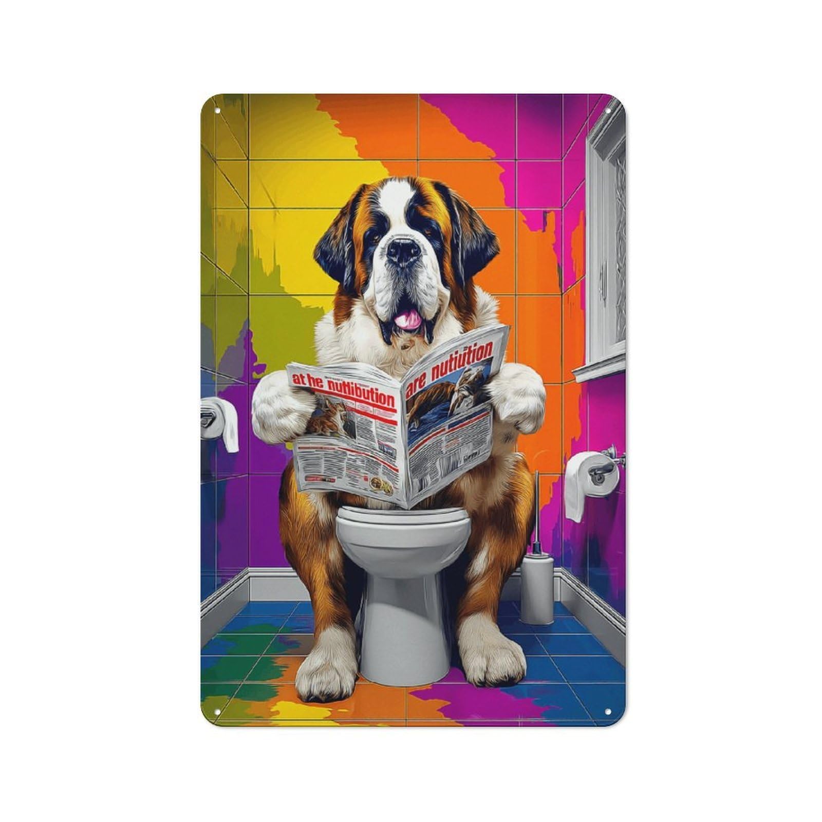 Junmoney Dog Reading Newspaper In Colorful Bathroom Industrial Tin Sign 30X20cm, Garage Wall Decor For Garage, Hobby Room, Office Or Man Cave